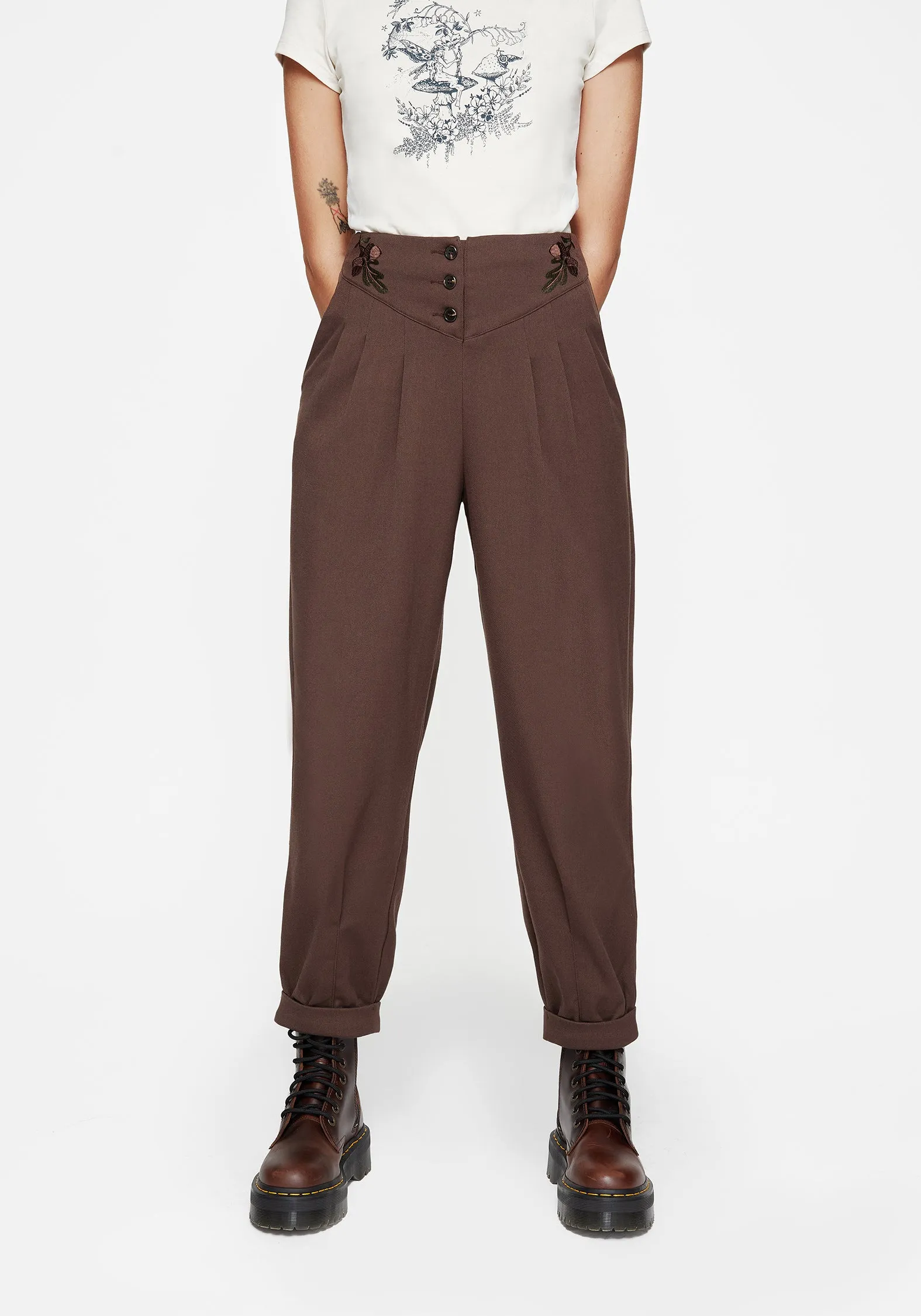 Easy Movement Minimalist Design Marwood Acorn Embroidered Button Up Waist Balloon Trouser