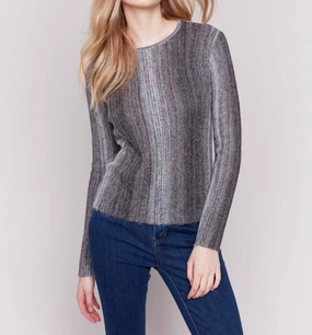 Lightweight Space Dye Yarn Sweater In Charcoal Breathable Mesh Panels Bias Cut Hem Details