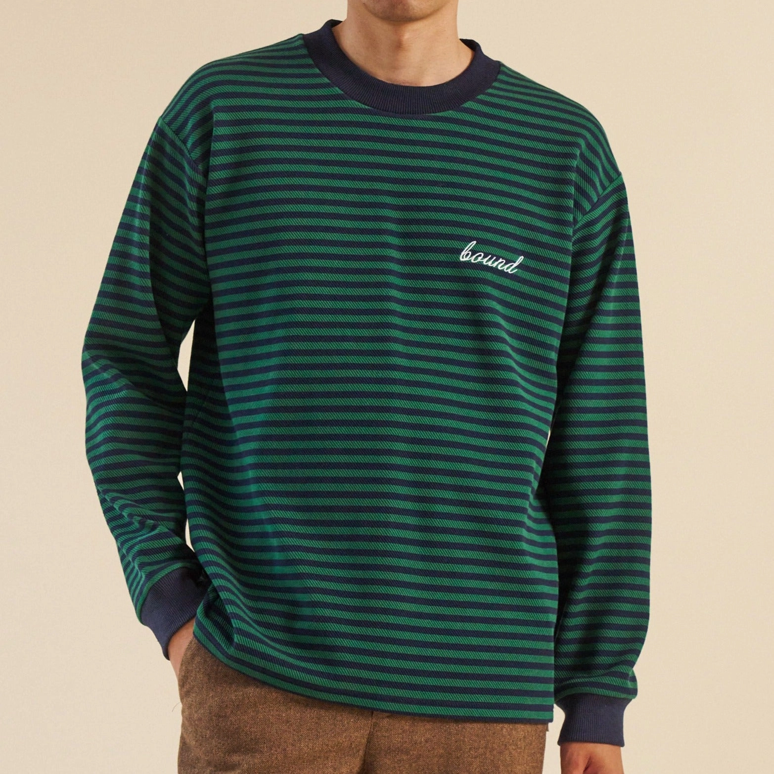 Timeless casual wear Tagless Comfort bound Navy & Green Textured Stripe LS Tee
