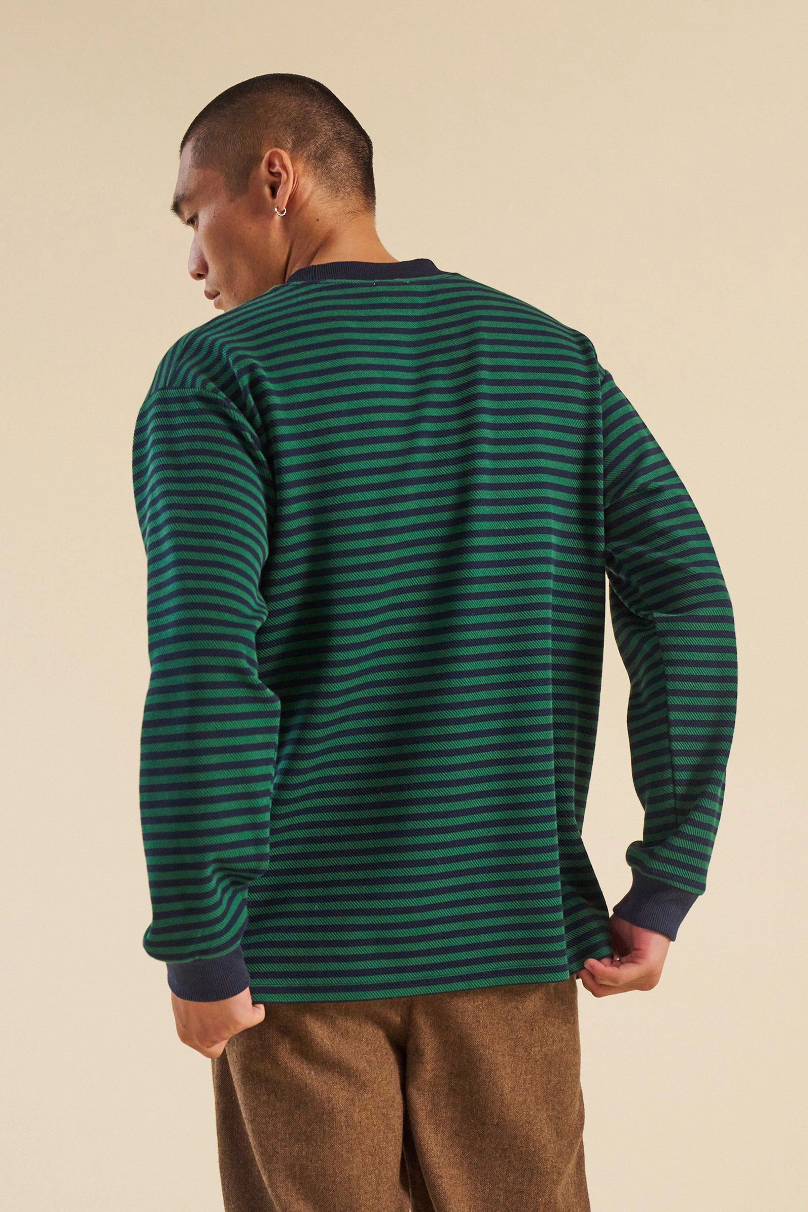 bound Navy & Green Textured Stripe LS Tee Seam Free Back