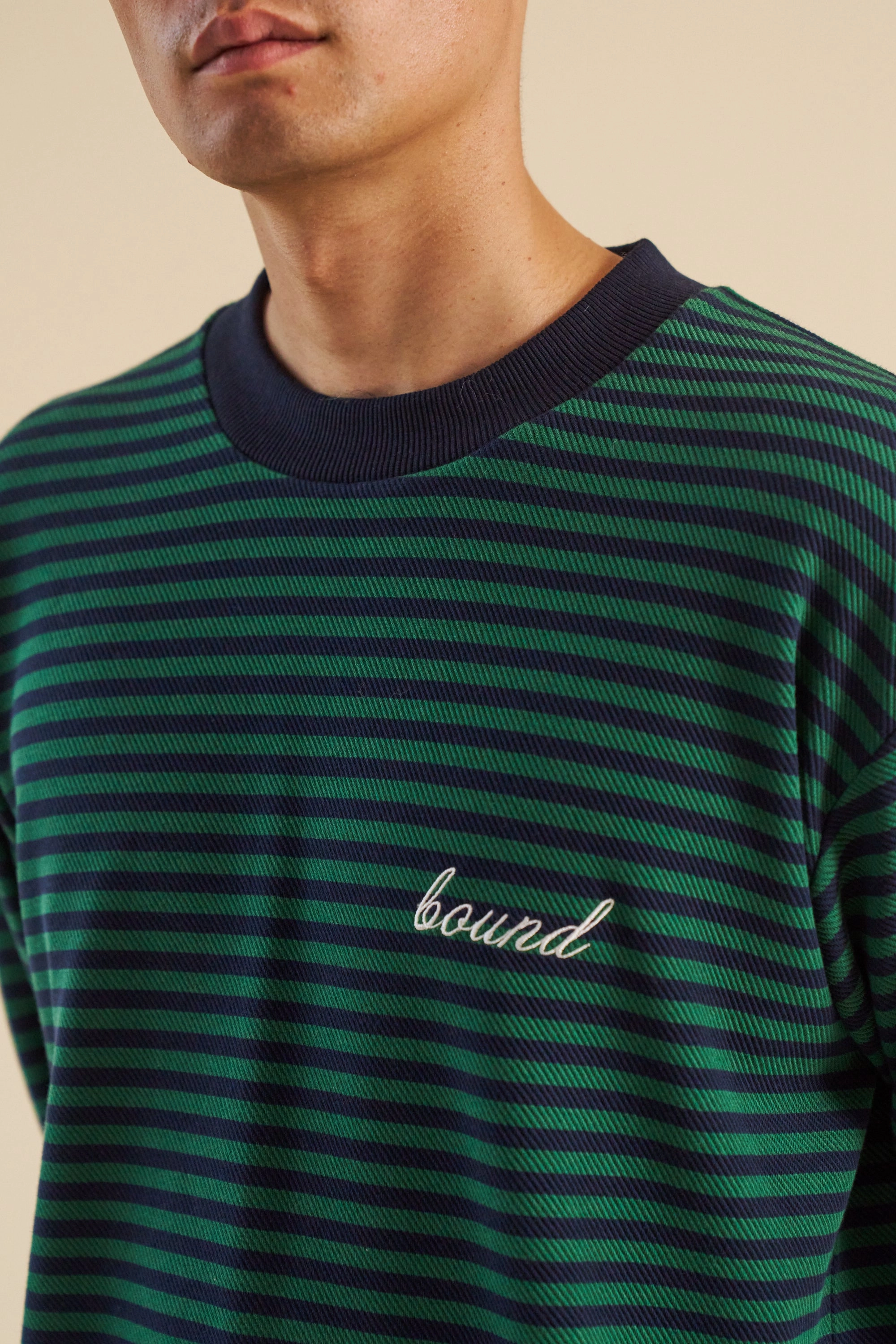 ComfortFirst bound Navy & Green Textured Stripe LS Tee