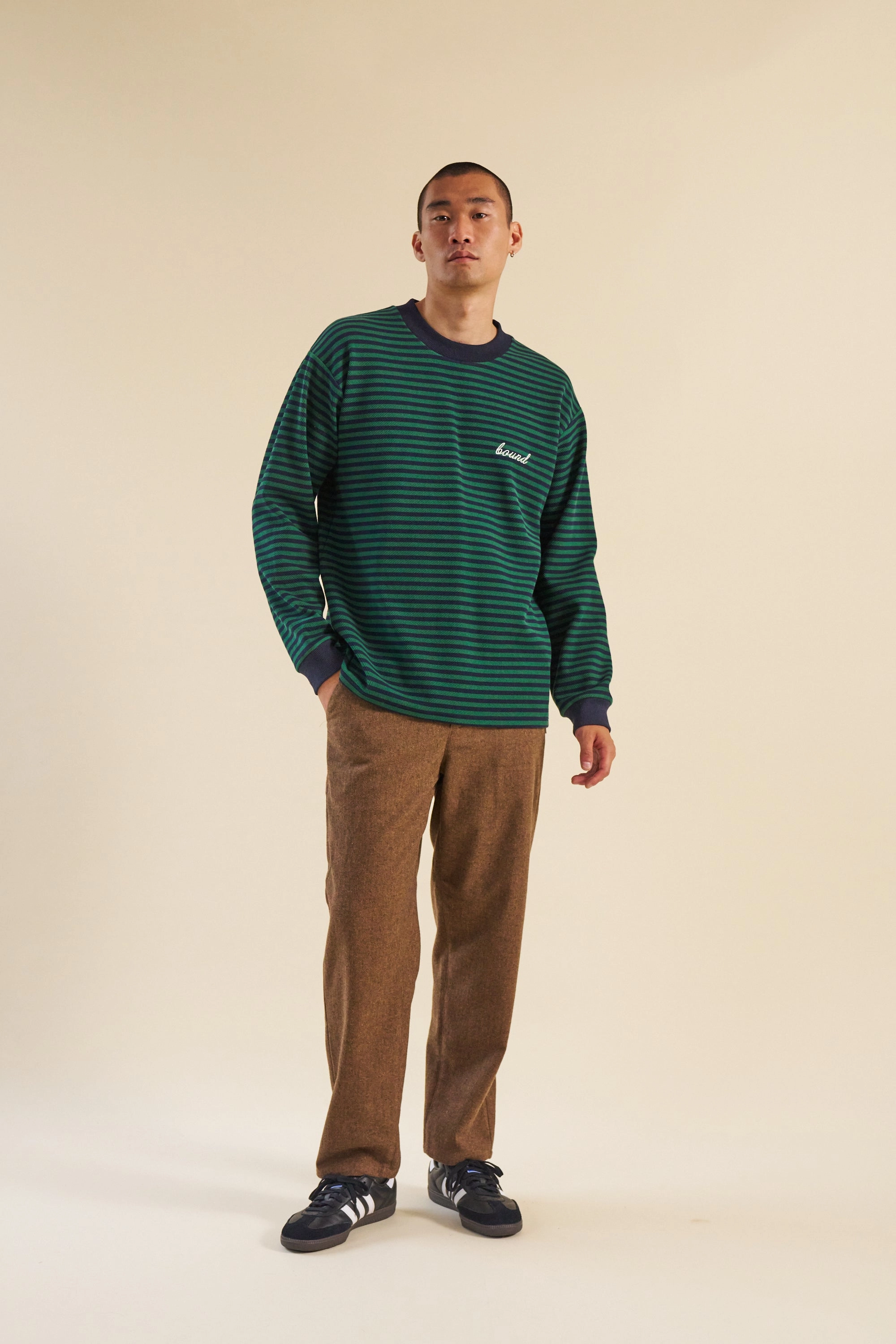 Wrinkle Resistant Cloth OversizedSilhouette bound Navy & Green Textured Stripe LS Tee