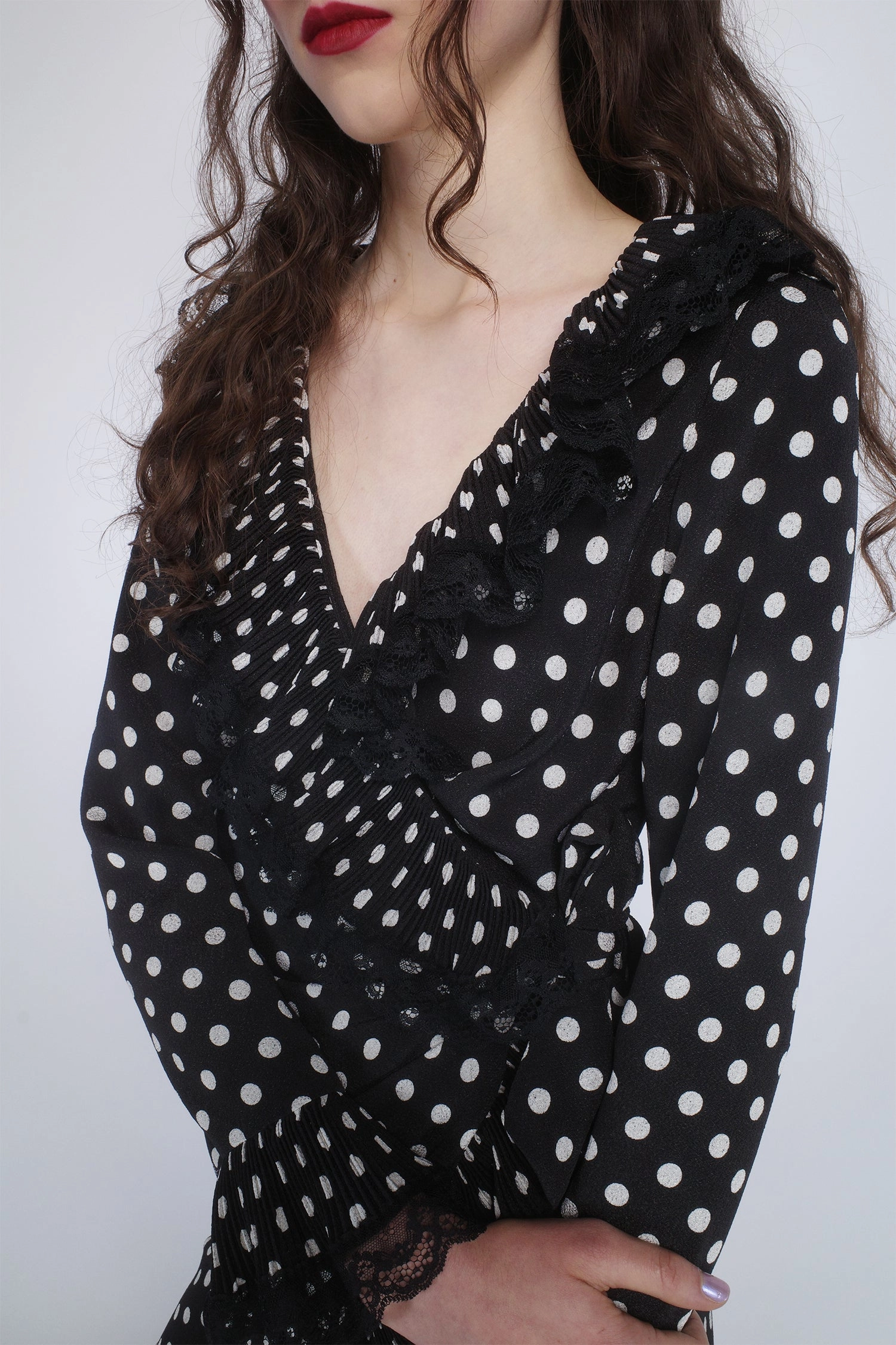 Smooth Texture Polka Dot Pleated Wrap Dress