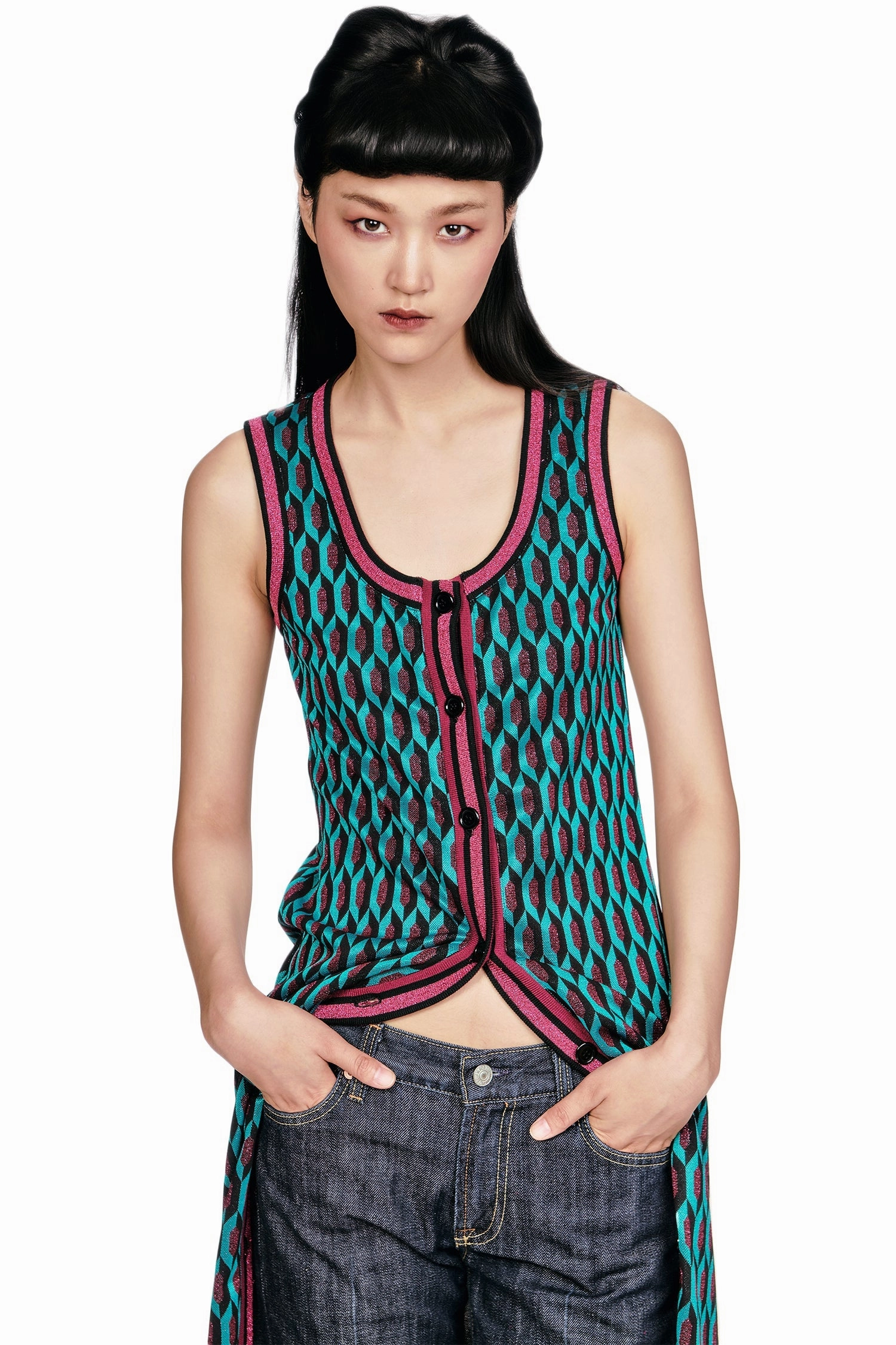 Cruise-Wear Subtle Finish Glitter Geo Jacquard Long Vest