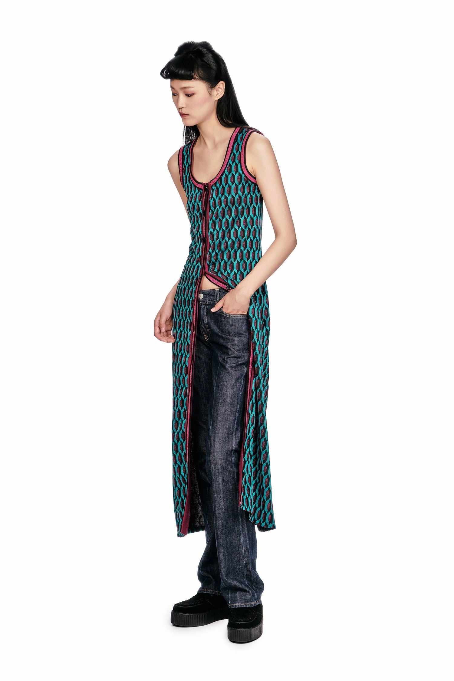 Eye Catching custom-fit Glitter Geo Jacquard Long Vest