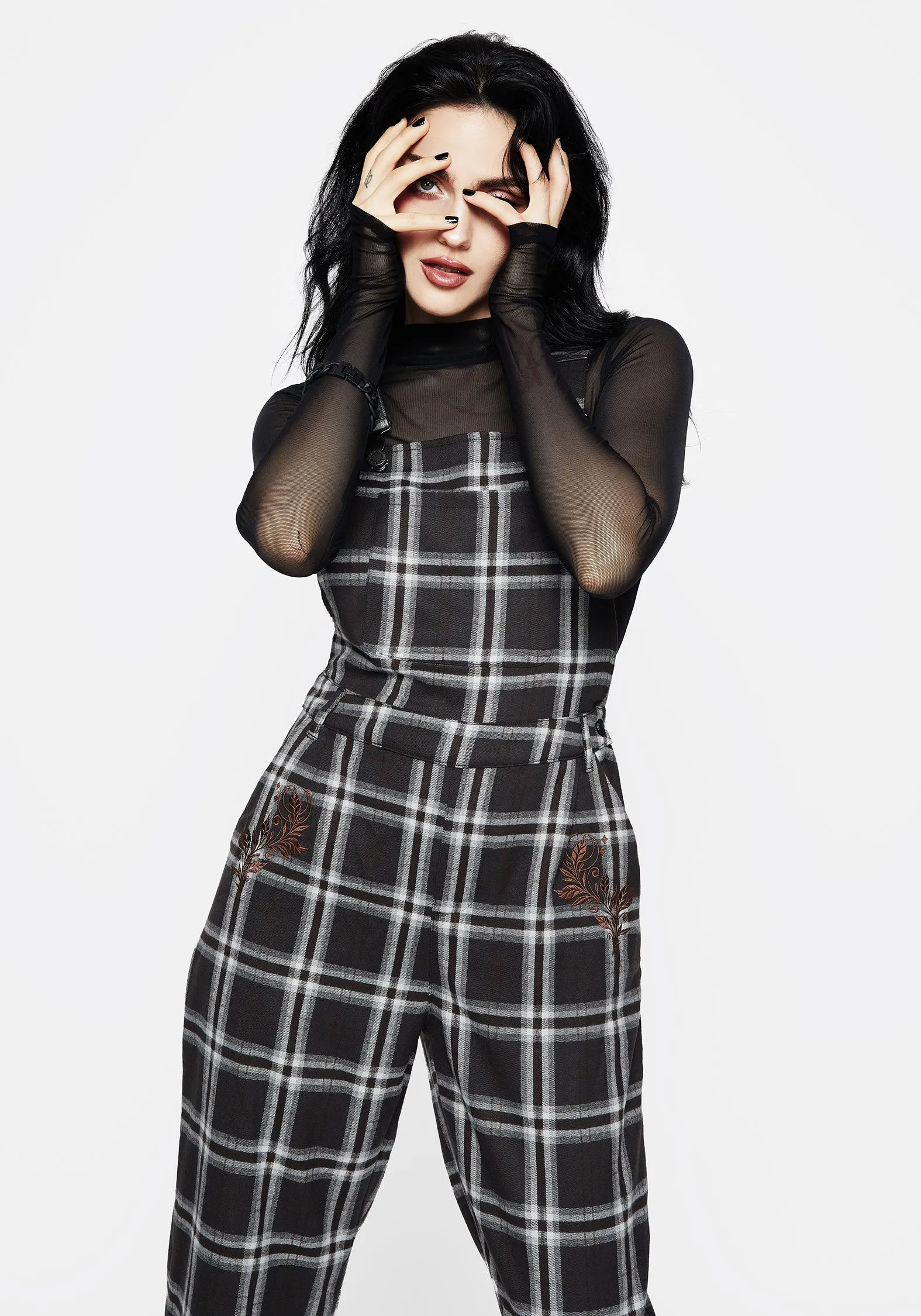 Sleek Appearance ElasticWaistband Persimmon Embroidered Check Dungarees