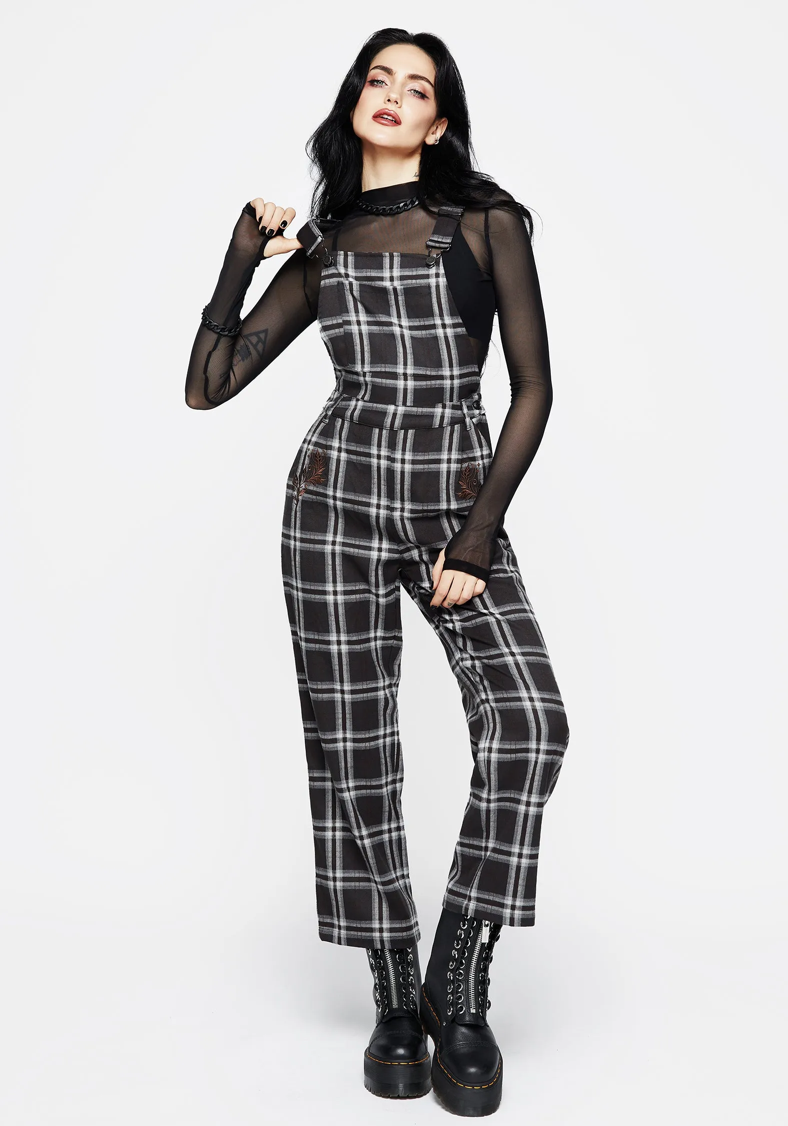 Casual Style Persimmon Embroidered Check Dungarees