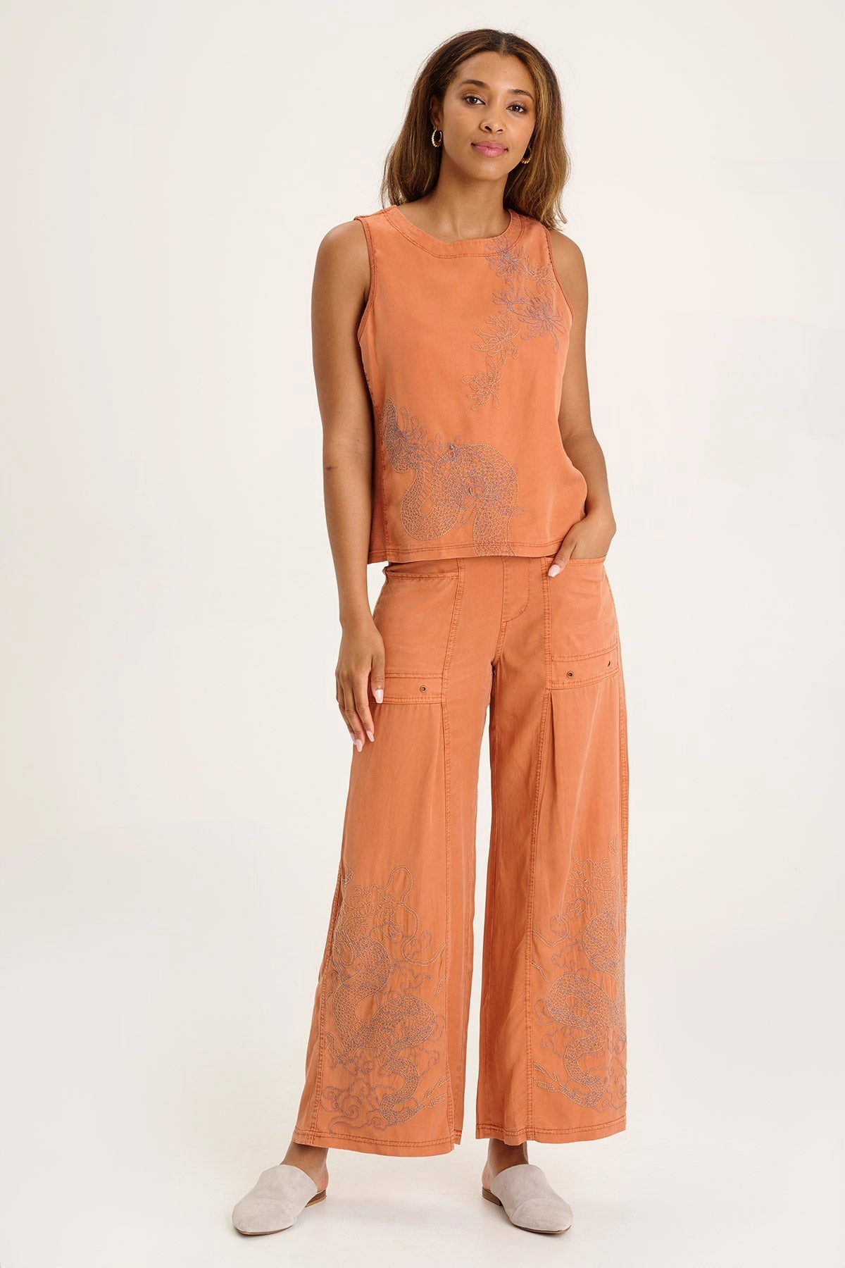 Phedora Twill Embroidered Wide Leg Pant Fashion Comfort Wear Modern Comfort