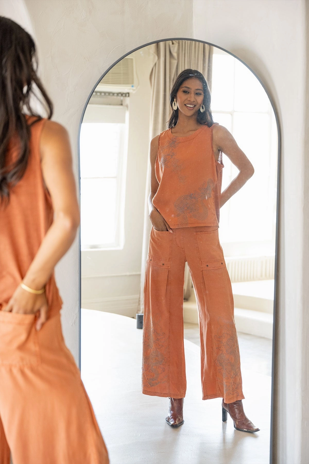 CompressionFitFabric Phedora Twill Embroidered Wide Leg Pant