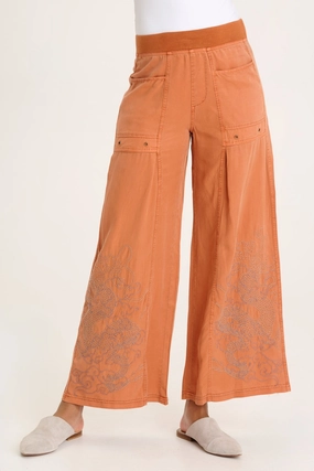 Phedora Twill Embroidered Wide Leg Pant Travel Wear