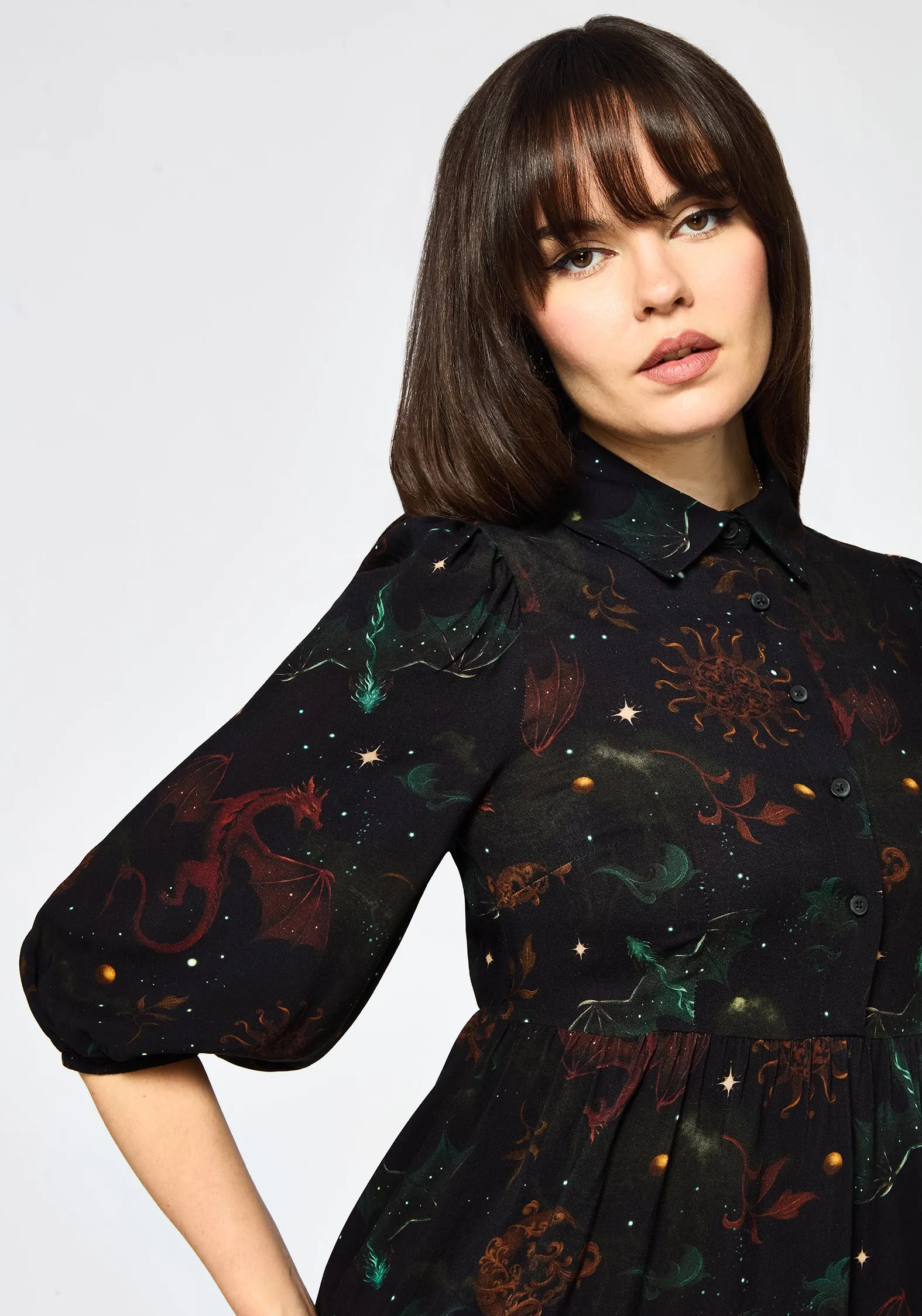 Perfect Design Phoenix Dragon Printed Mini Shirt Dress