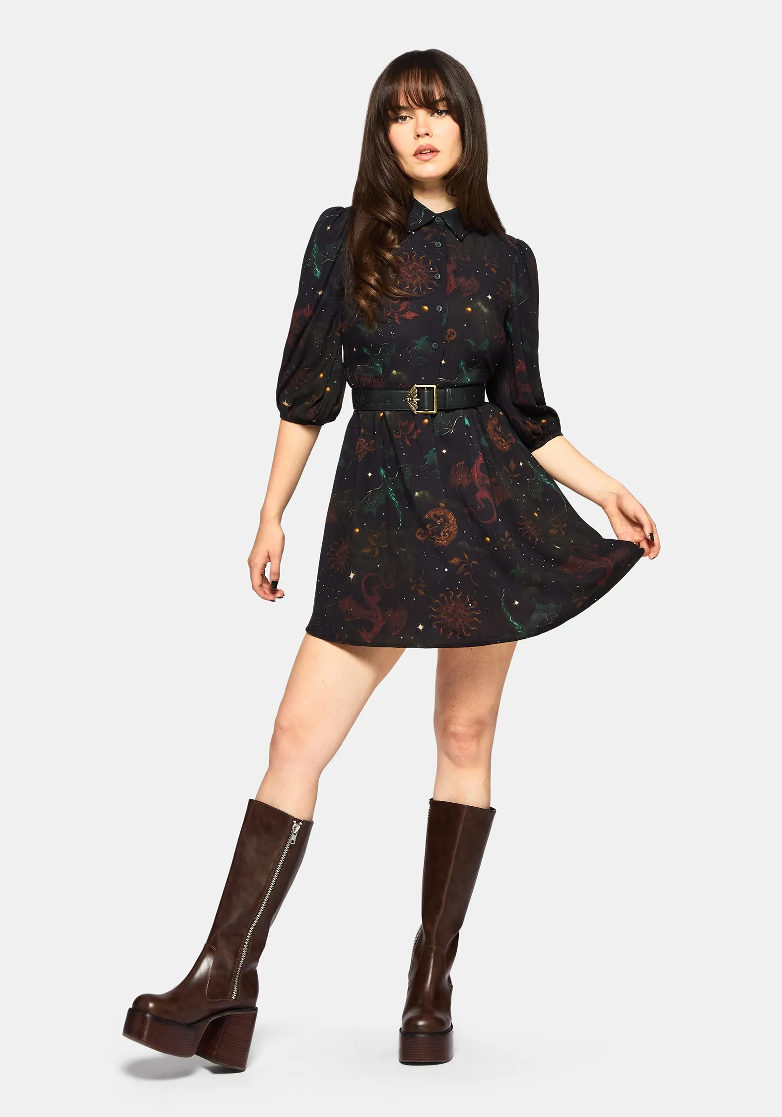 Phoenix Dragon Printed Mini Shirt Dress Stylish Design Modern Fit