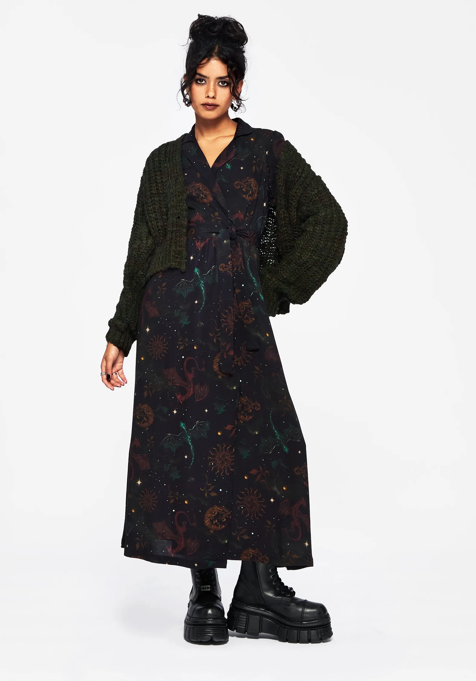 Phoenix Dragon Printed Wrap Midaxi Shirt Dress Seasonal Layering