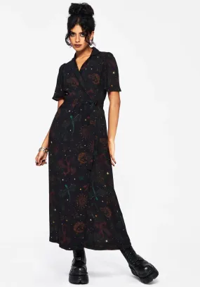 Easy Wrap Tailored Style Phoenix Dragon Printed Wrap Midaxi Shirt Dress