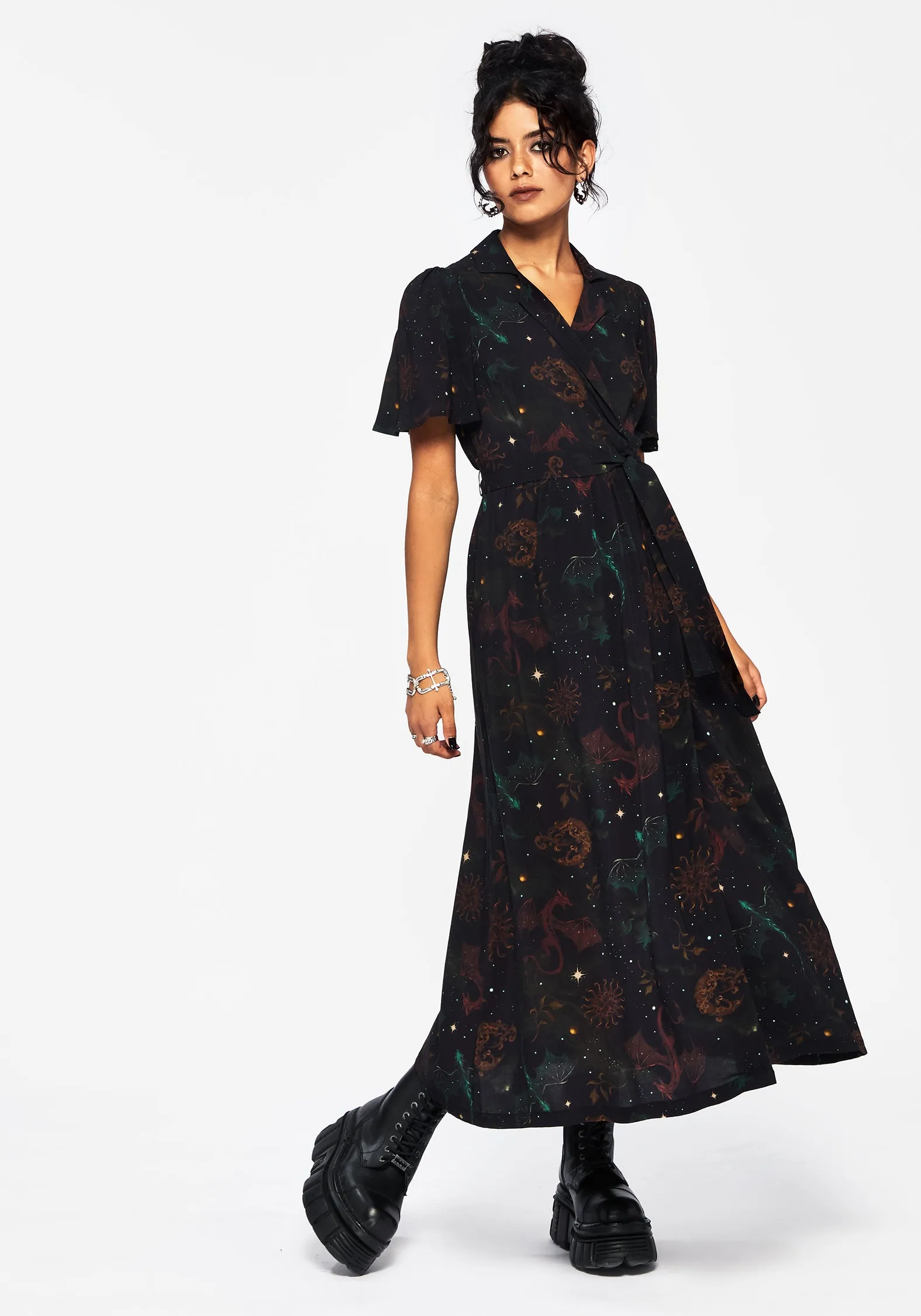 Phoenix Dragon Printed Wrap Midaxi Shirt Dress Feminine Details Bow Soft
