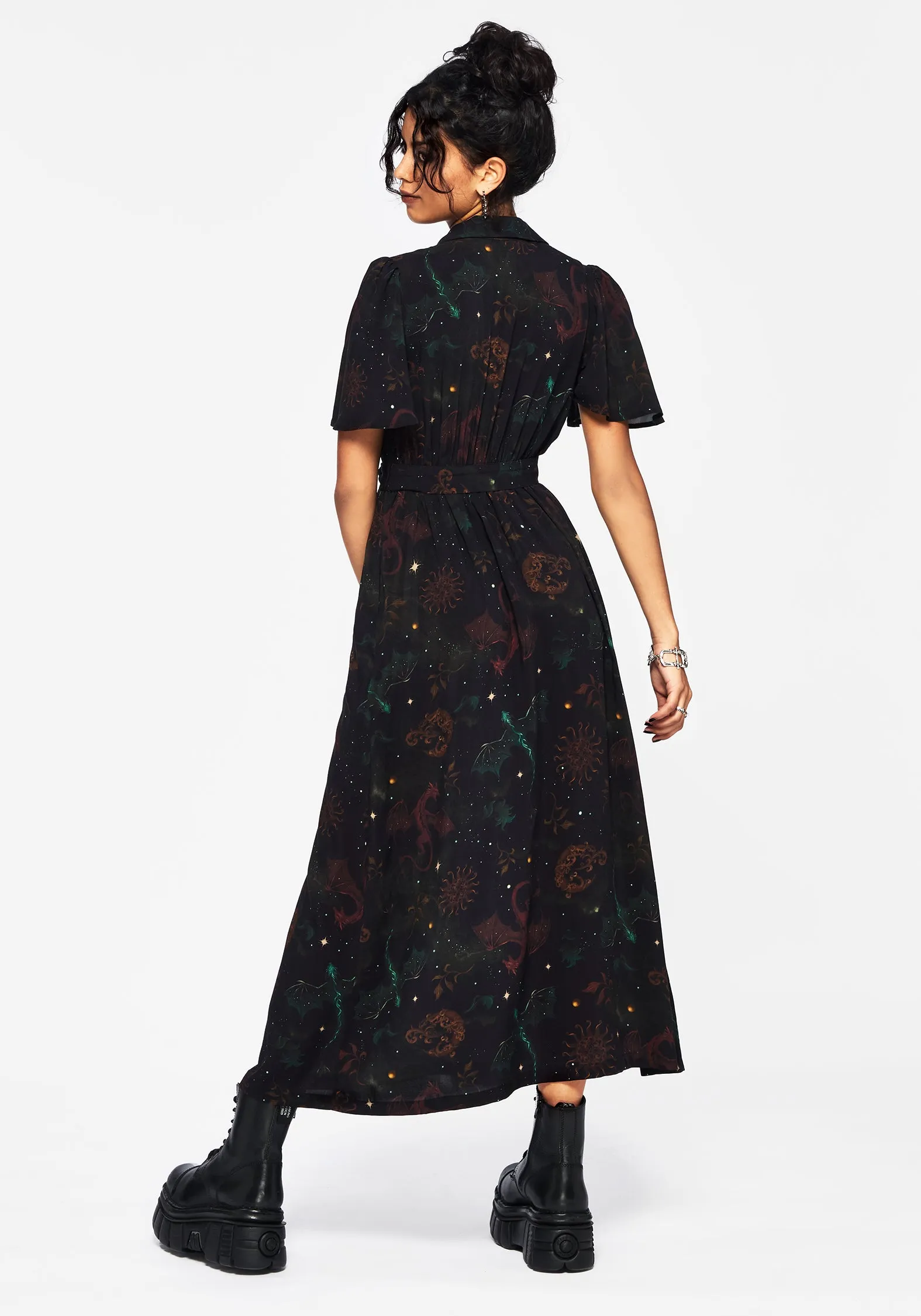 Phoenix Dragon Printed Wrap Midaxi Shirt Dress Easy Tones