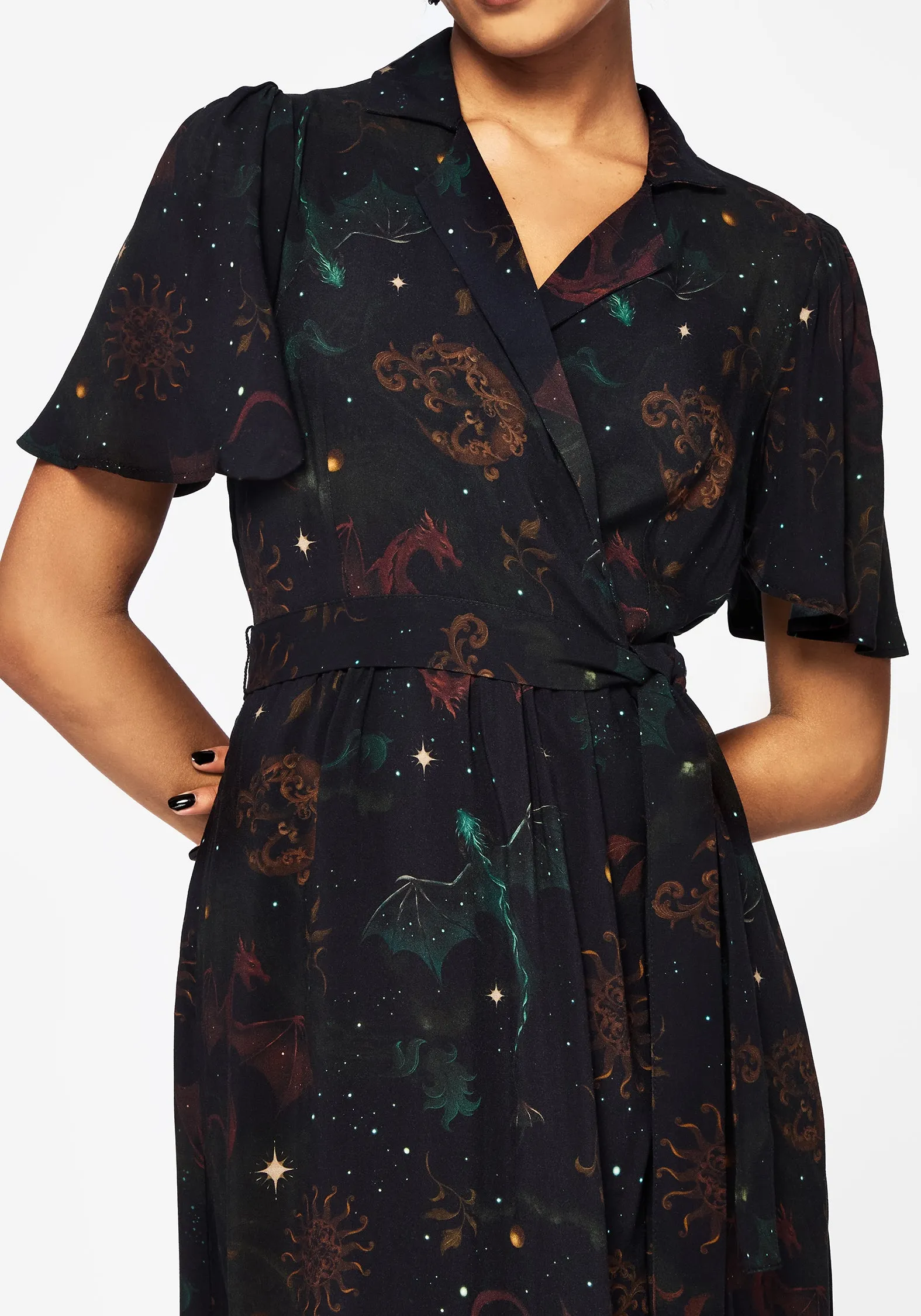 cut out Phoenix Dragon Printed Wrap Midaxi Shirt Dress