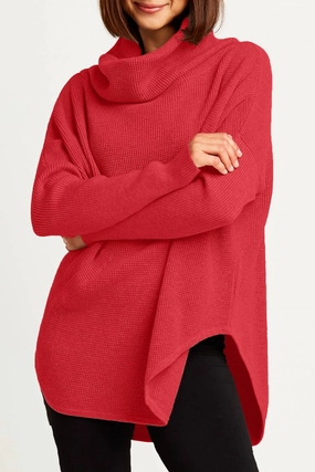 Pima Cotton Waffle Cowl Sweater In Cherry Ultra Soft Merino Blend