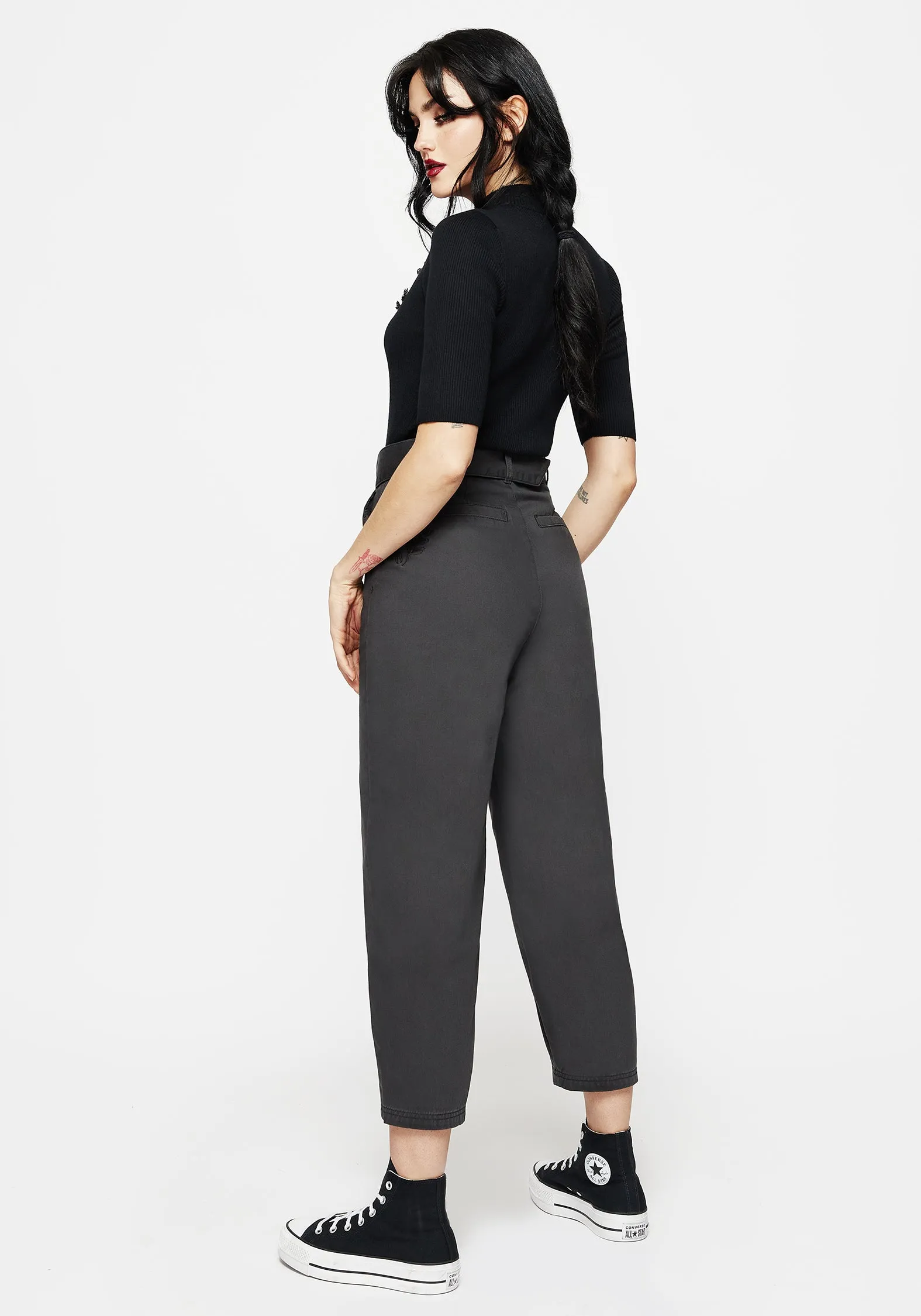 Flattering Cut Pinhead Embroidered Belted Balloon Leg Trousers