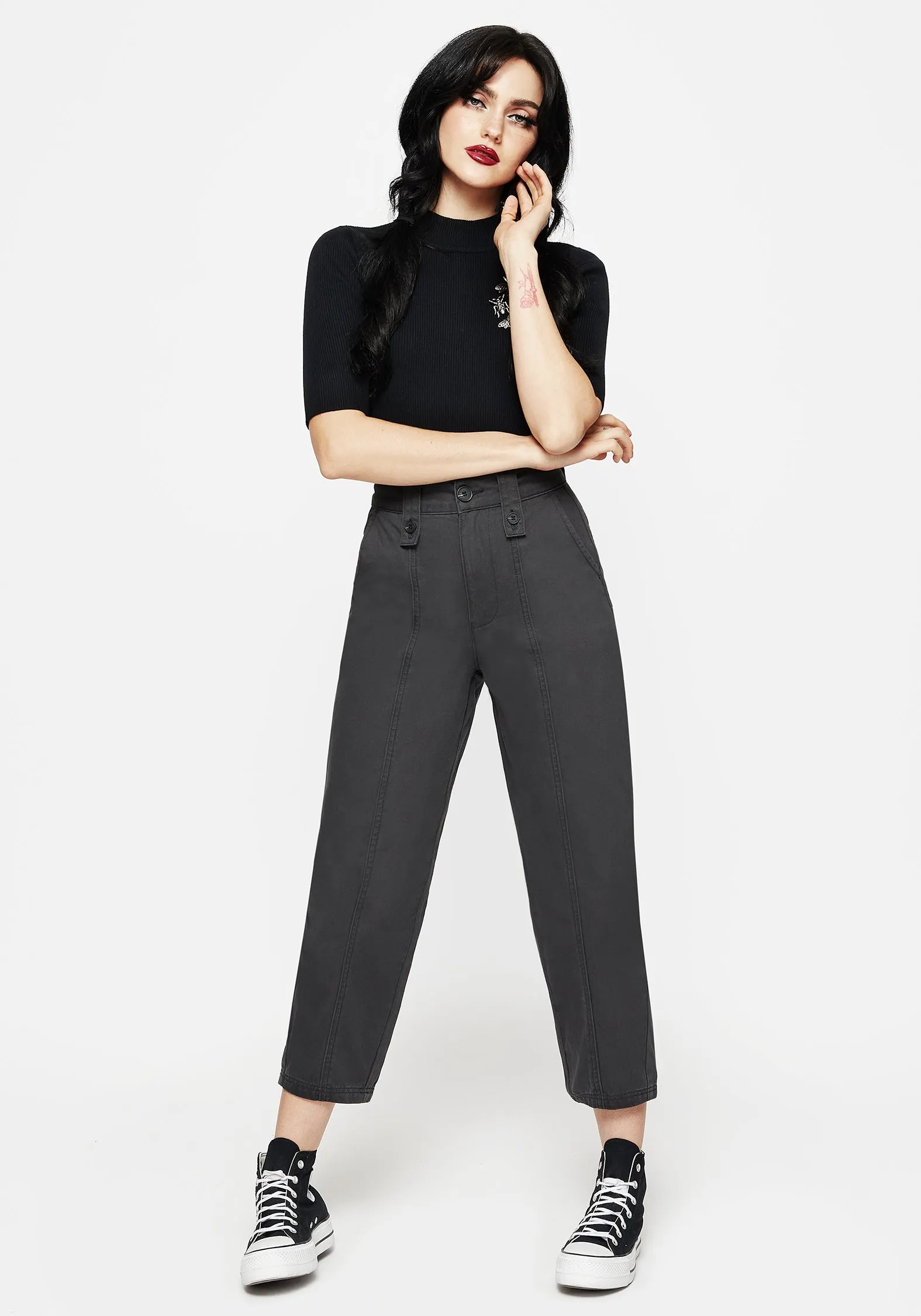Pinhead Embroidered Belted Balloon Leg Trousers Sporty Touch StretchFabric