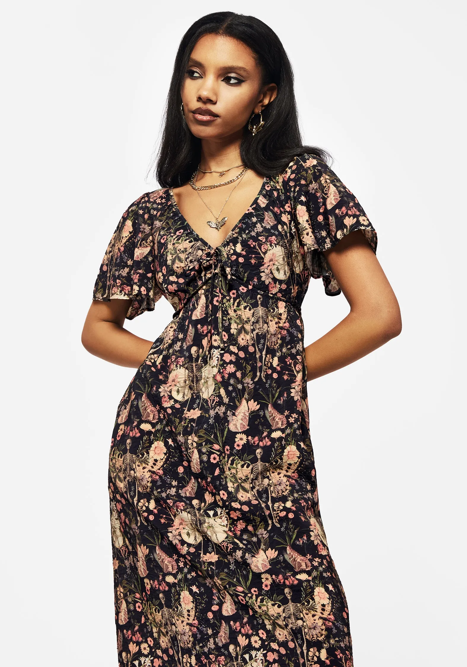 Smooth silhouette Boho Tone Pixie Floral Print Tie Front Maxi Dress