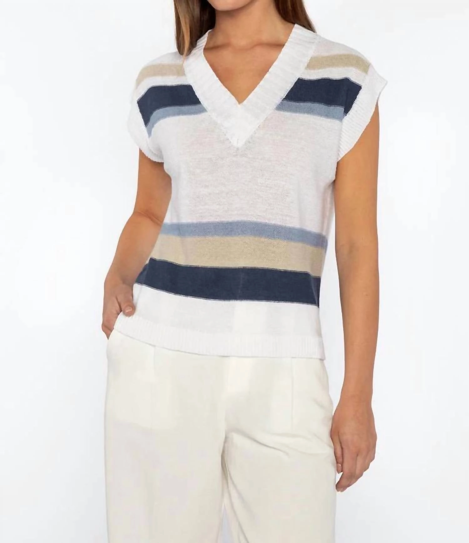 Merino Wool Stripe Sleeveless Vee In Indigo Multi