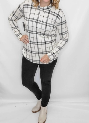 Fashionable Layering Temperature Regulating Fabric Plaid Layering Mock Neck Top In Black & Cream