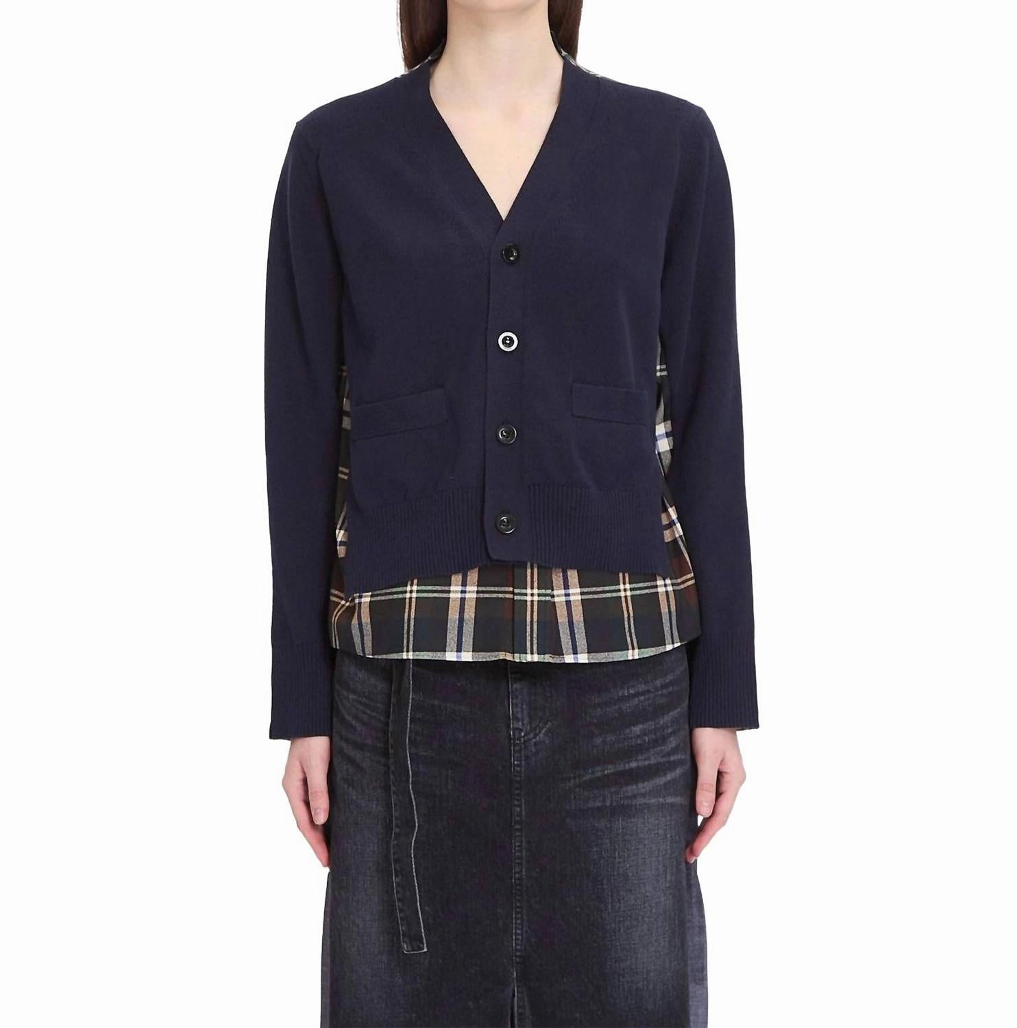 Plaid Print Cardigan In Green/brown Reversible design