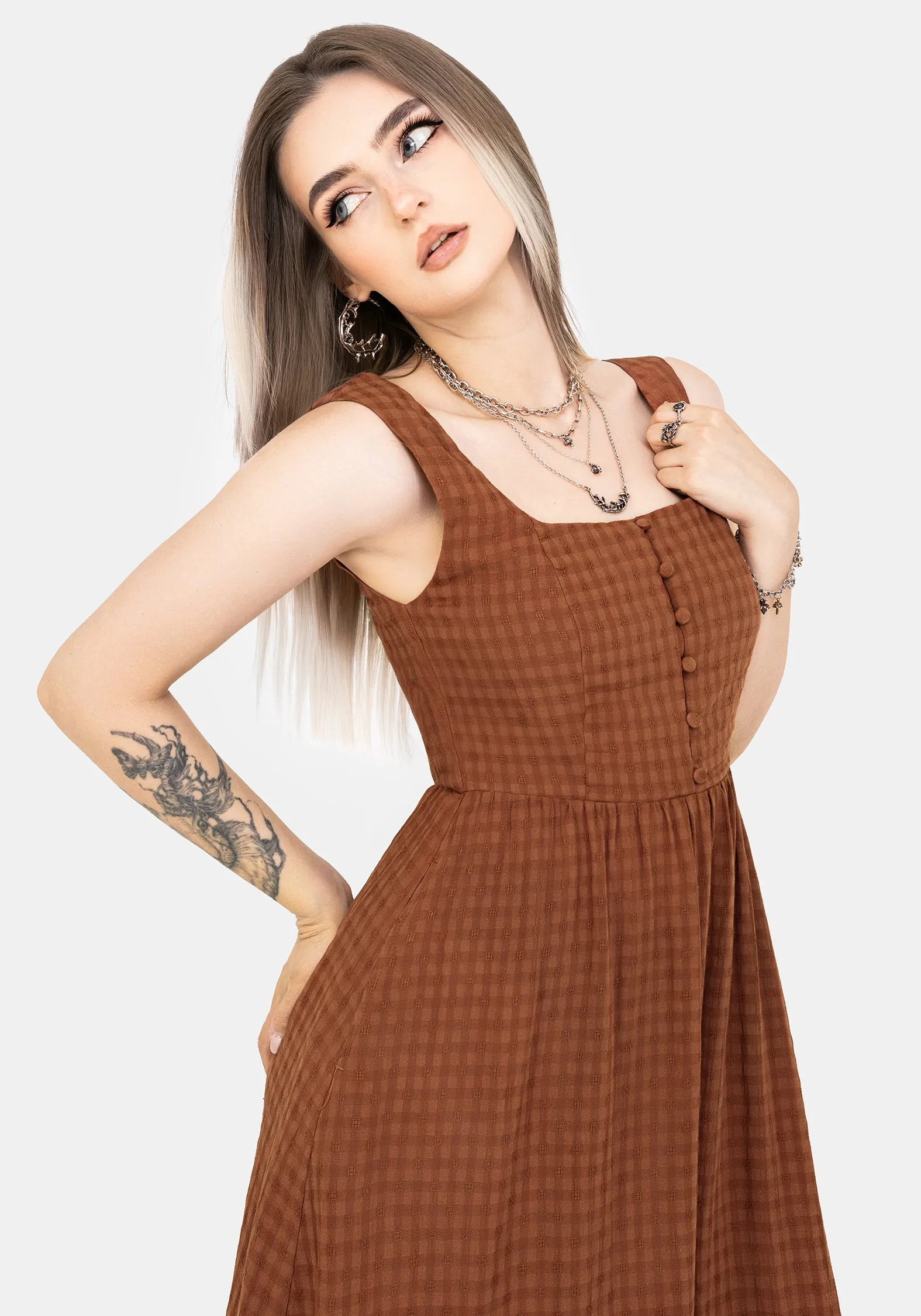 Soleil Cotton-Blend Check Cami Midi Dress Basic Shape Warranty-Included