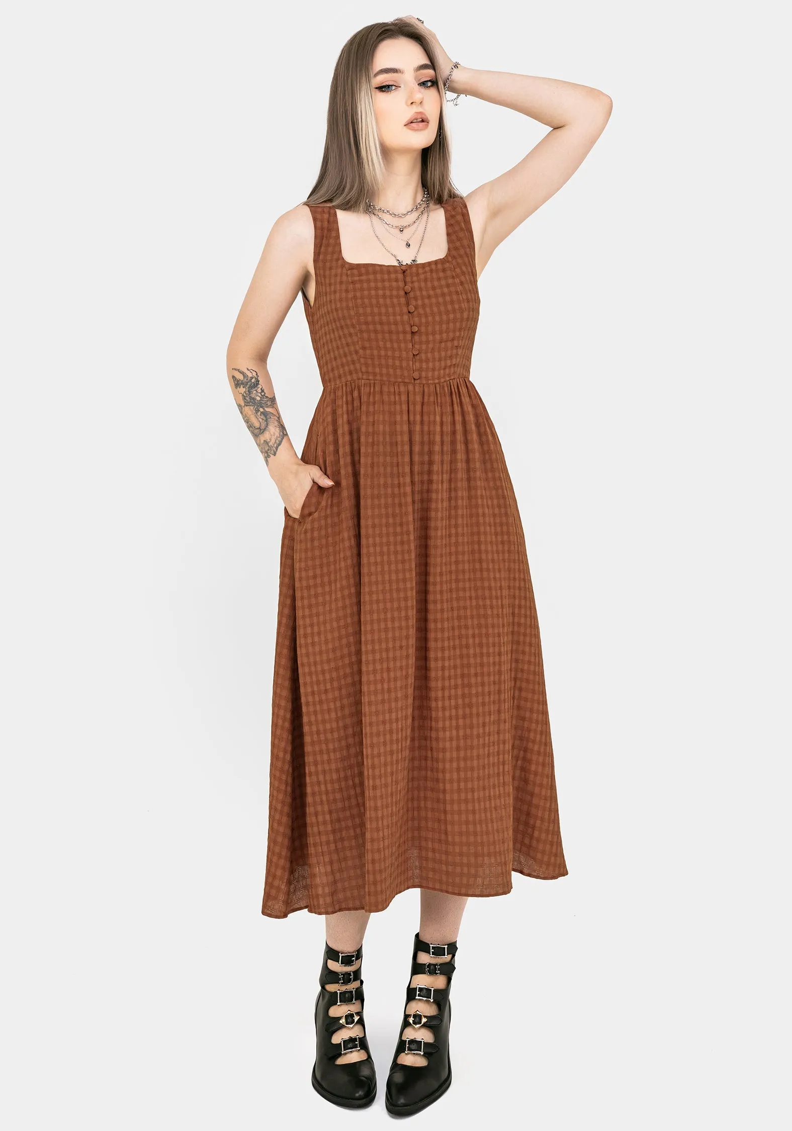Summer Soft Chilly Weather Comfort Soleil Cotton-Blend Check Cami Midi Dress