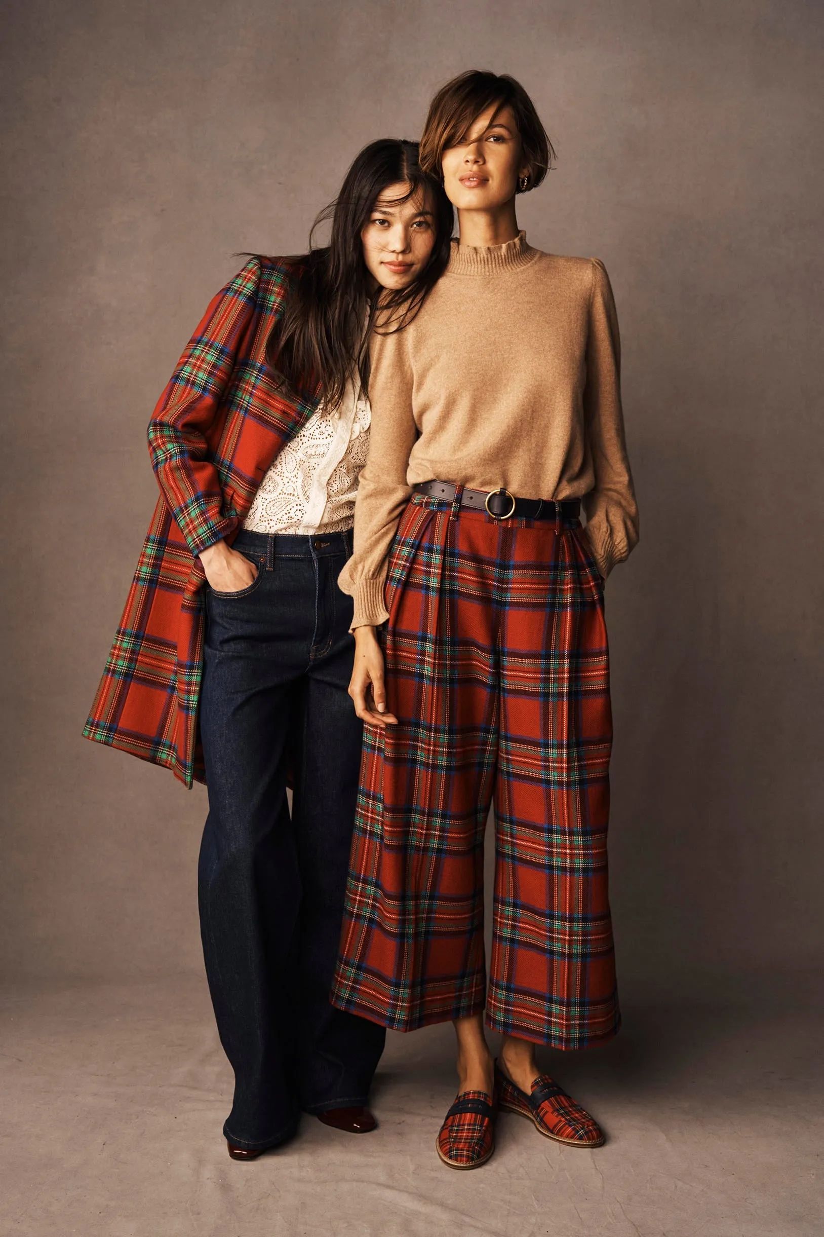 Pleated Wool Culottes-Red, Blue and Green Check Functional Waist