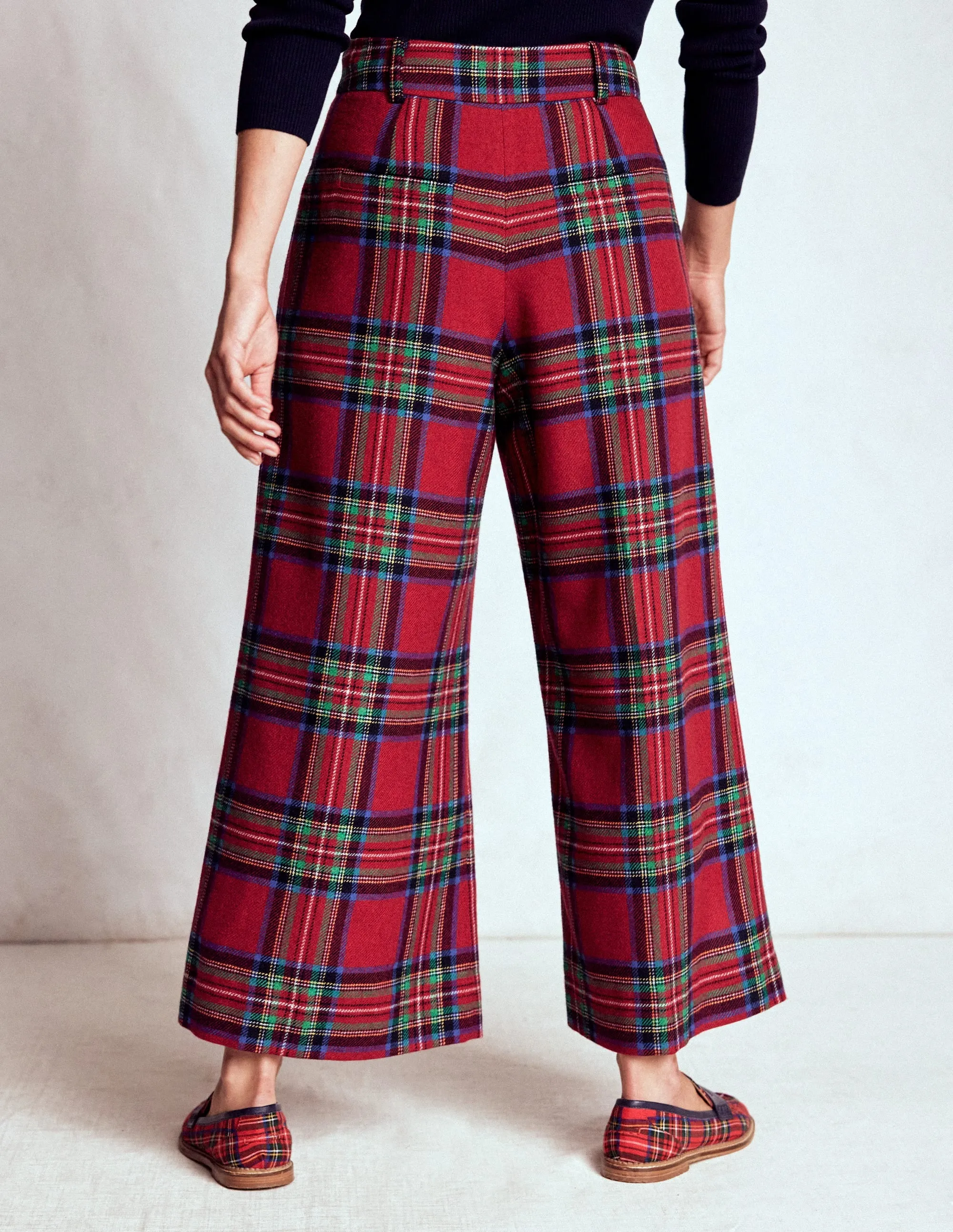 Multi Pocket Configuration Pleated Wool Culottes-Red, Blue and Green Check