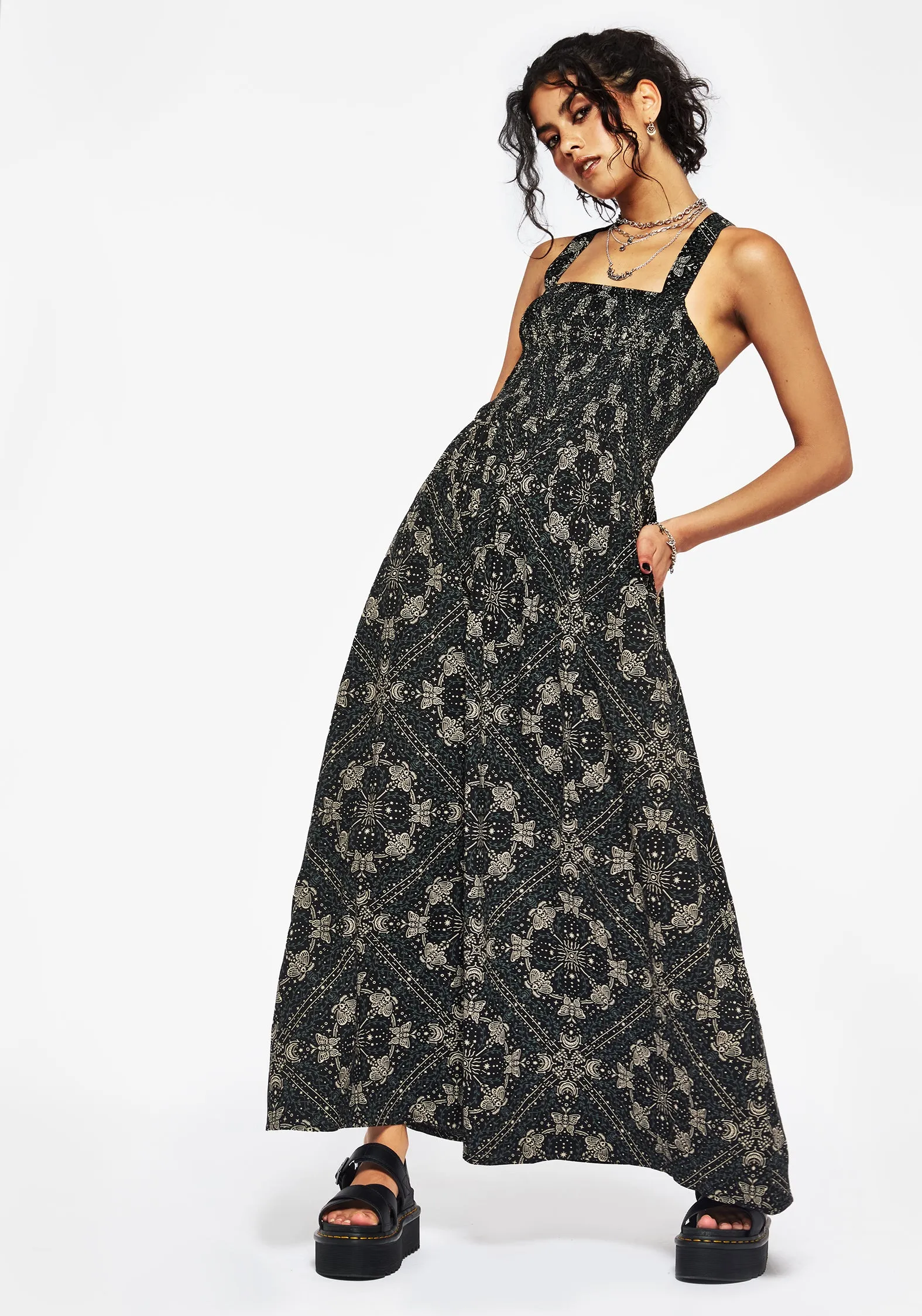 Gathered Skirt Daily Silhouette Poem Moth Print Cami Midaxi Dress