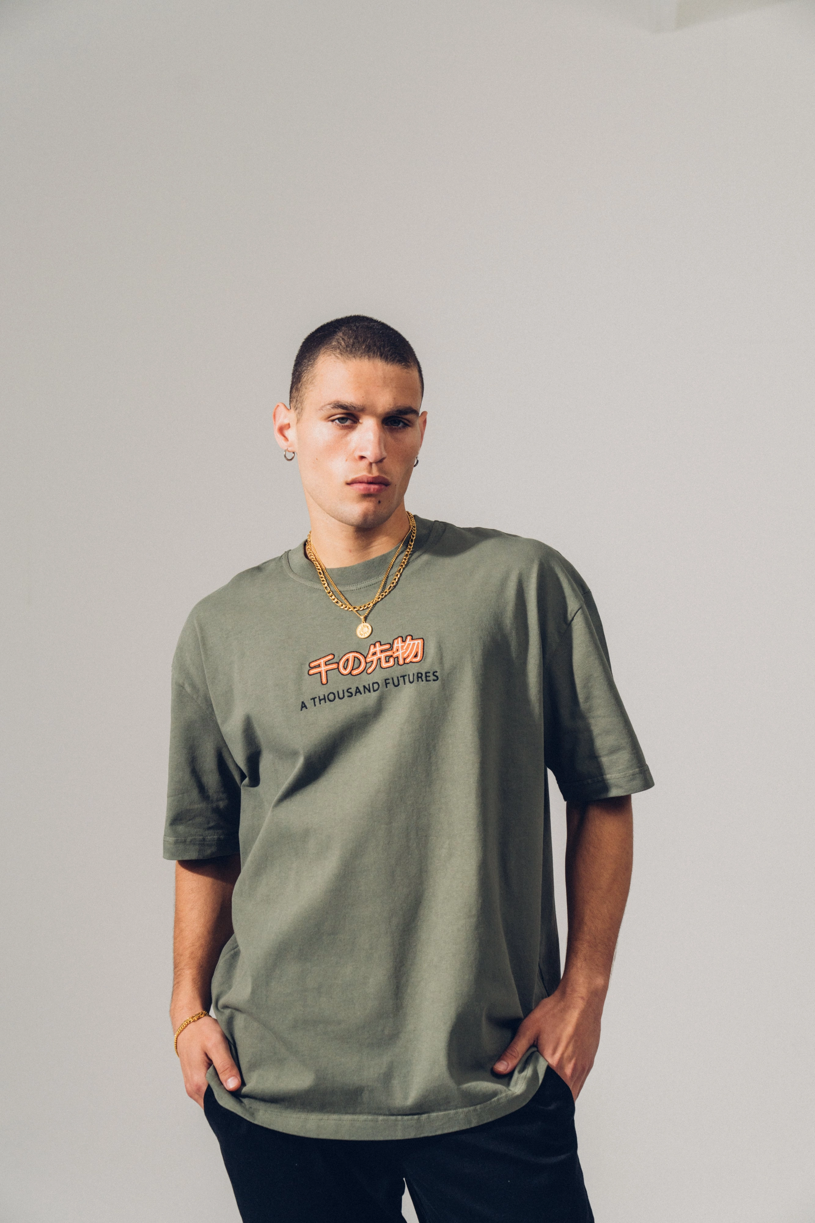 Daily Outfit Casual Chic Look A Thousand Futures 'Logo' Embroidered Tee - Khaki