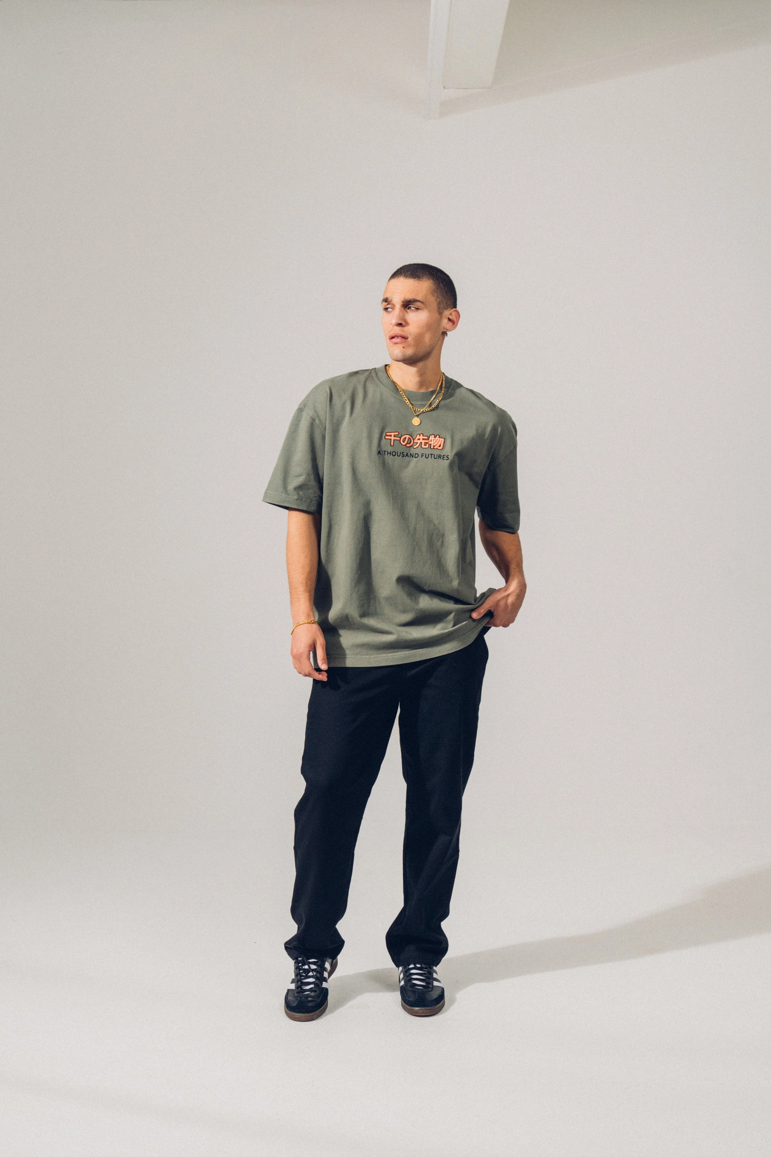 A Thousand Futures 'Logo' Embroidered Tee - Khaki loose but not baggy Daily Style Trend