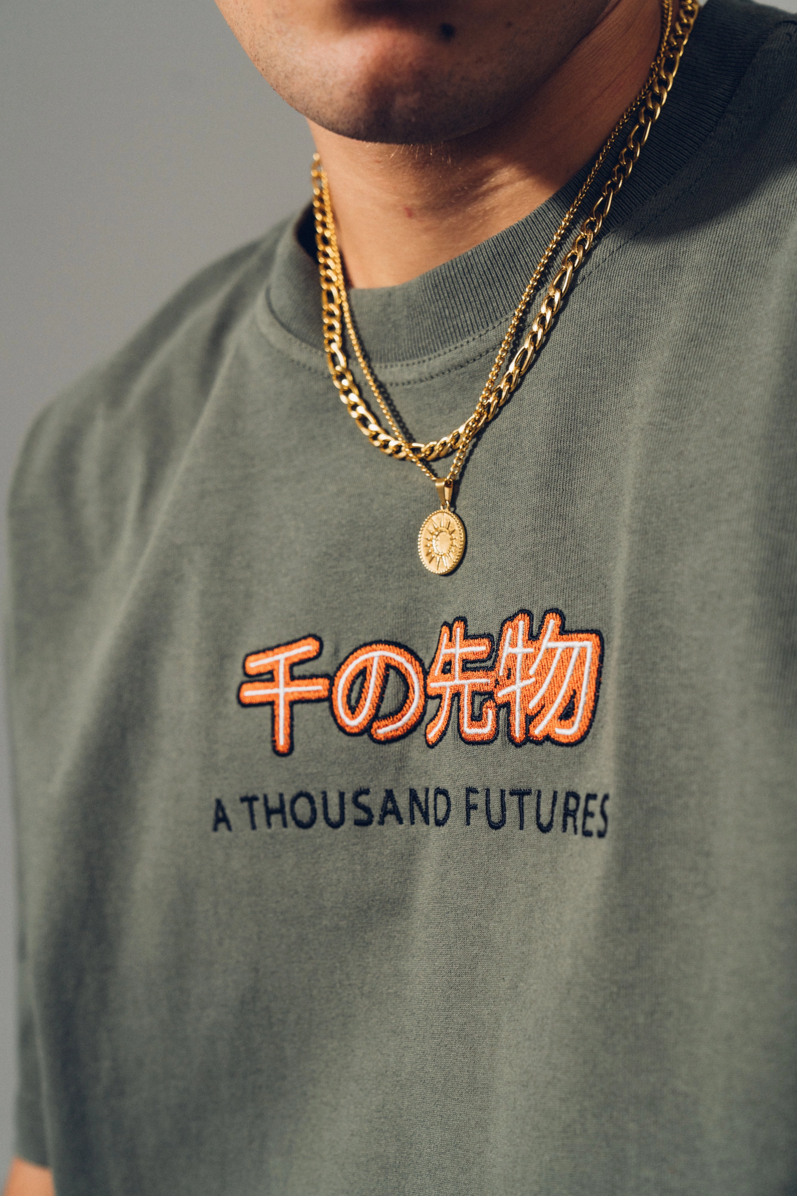 A Thousand Futures 'Logo' Embroidered Tee - Khaki Seasonal top