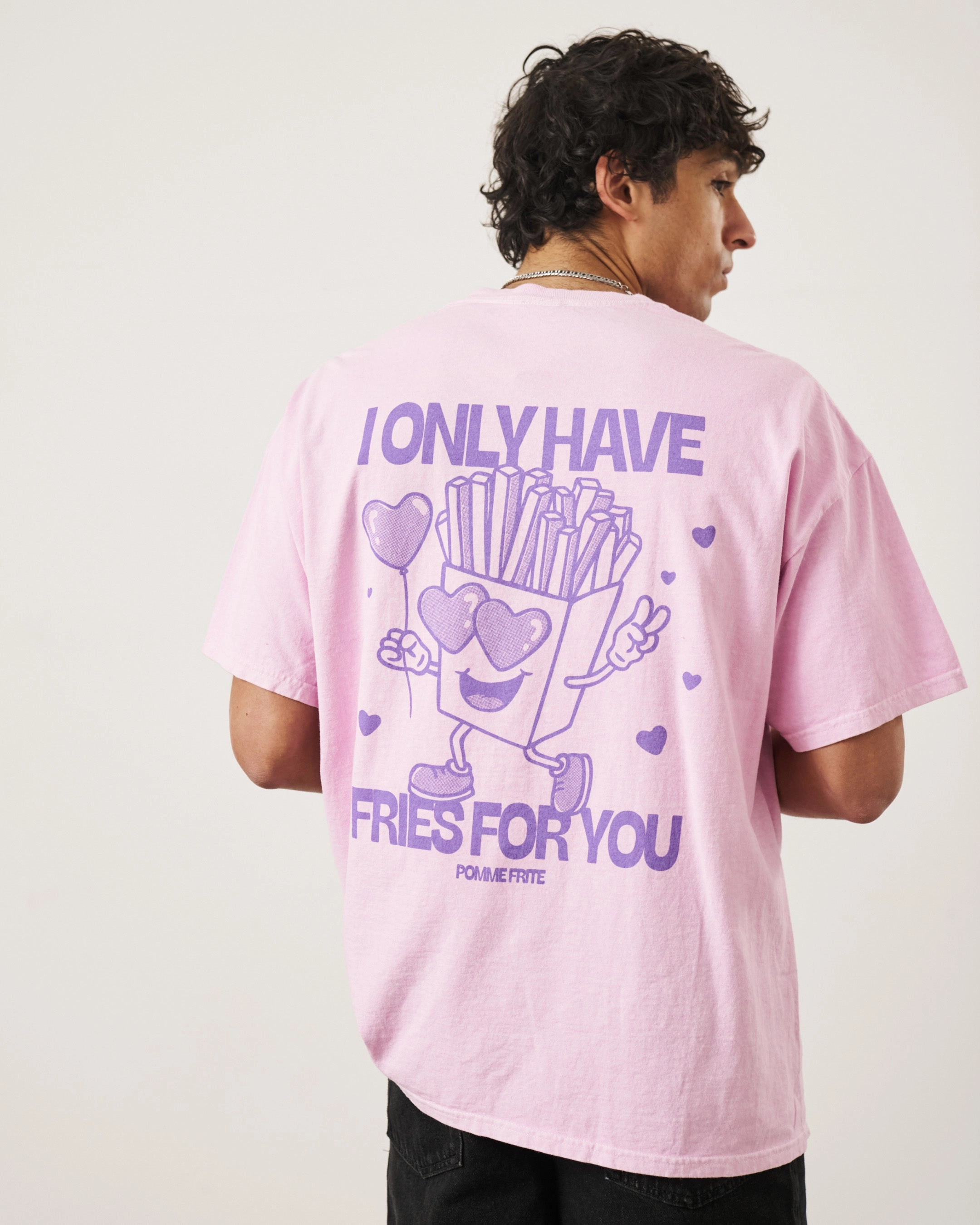 Cozy Vibes Modern Design Pomme Frite 'Fries For You' Vintage Washed Tee - Pink
