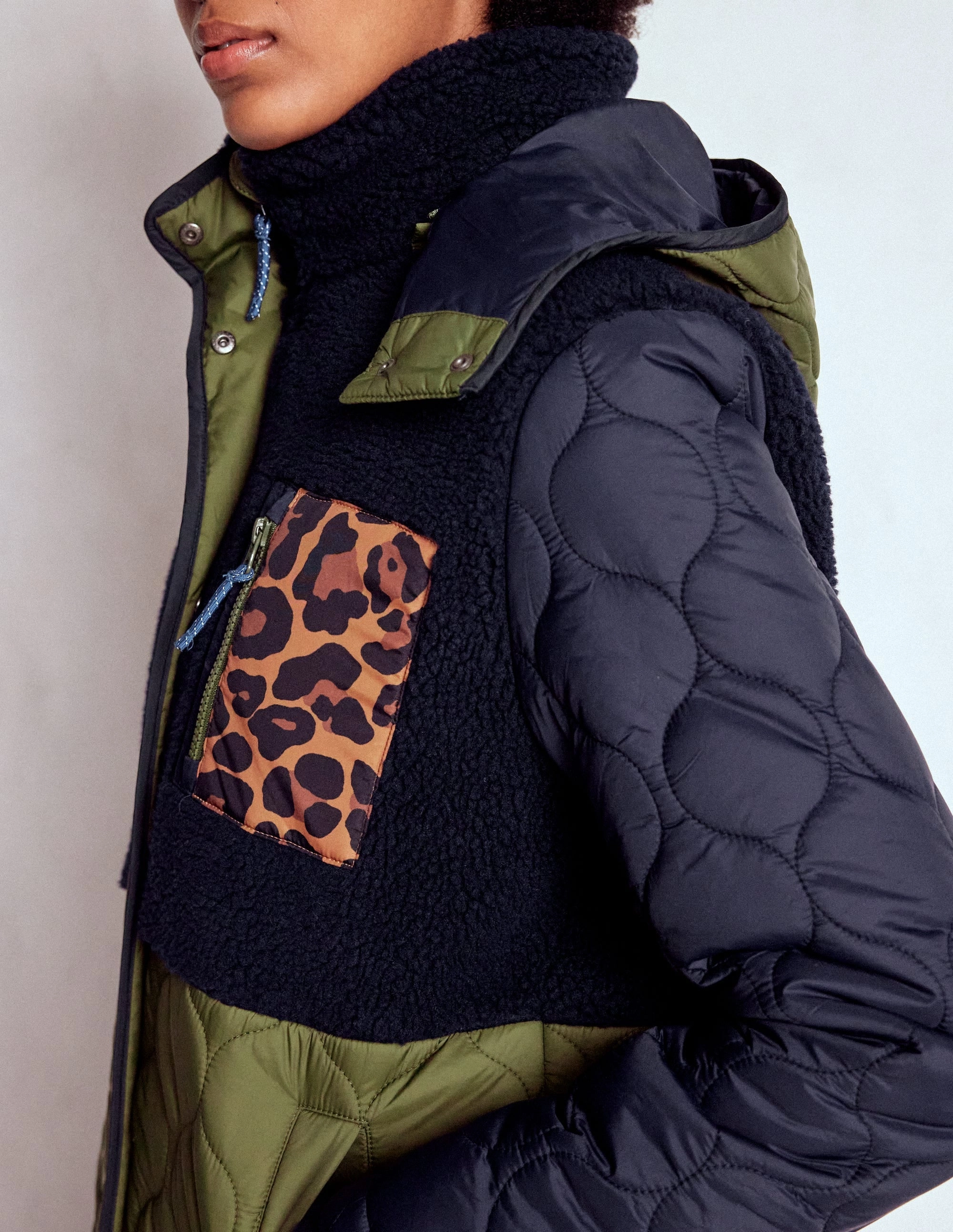 Borg Mix Coat-Navy & Khaki Mix Adjustable Fit Design