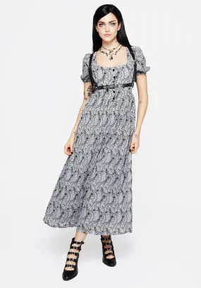 Travel-Style Rosethorn Flocked Velour Puff Sleeve Midaxi Dress - Blue