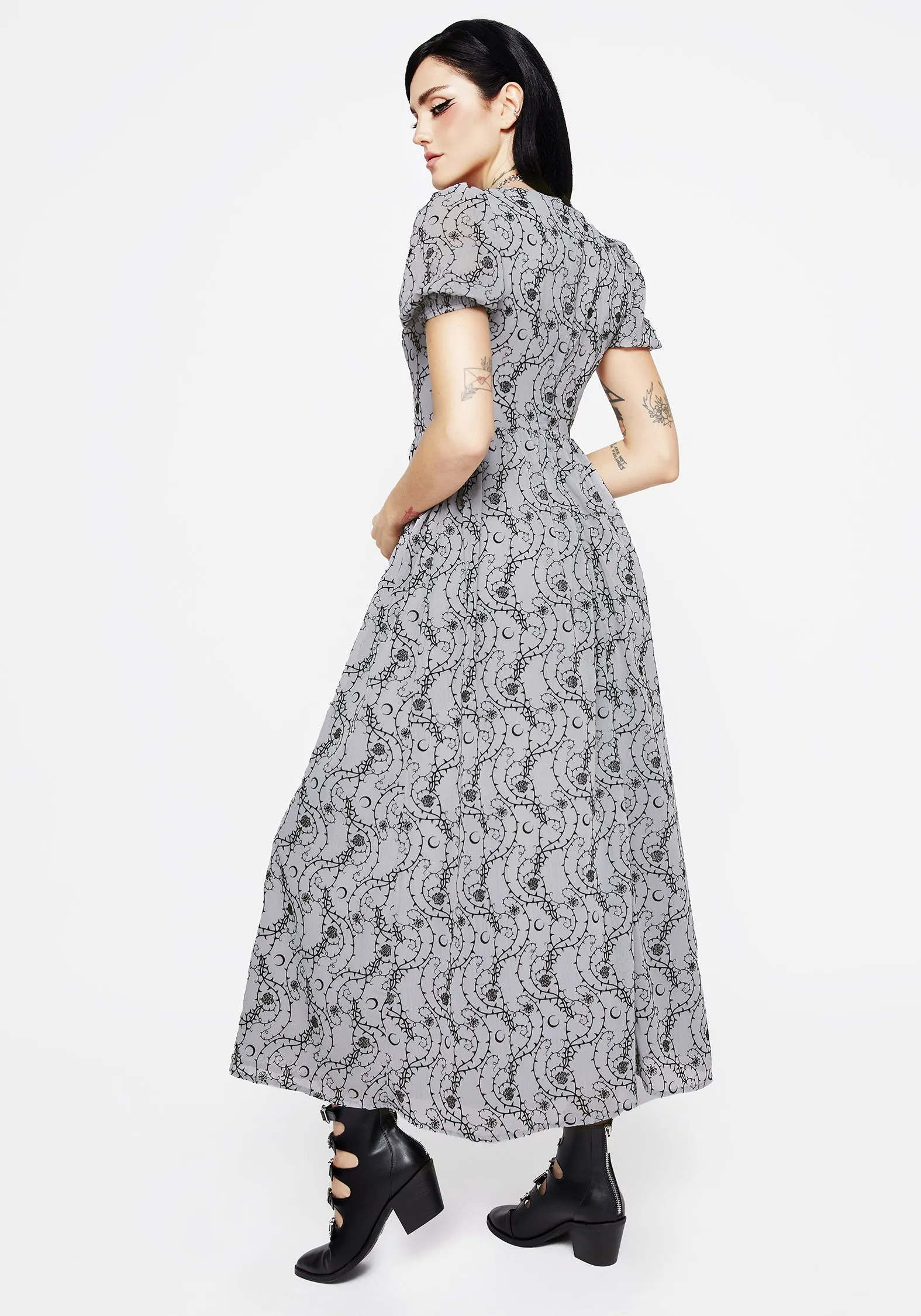 Rosethorn Flocked Velour Puff Sleeve Midaxi Dress - Blue Quiet Luxury Lace Soft