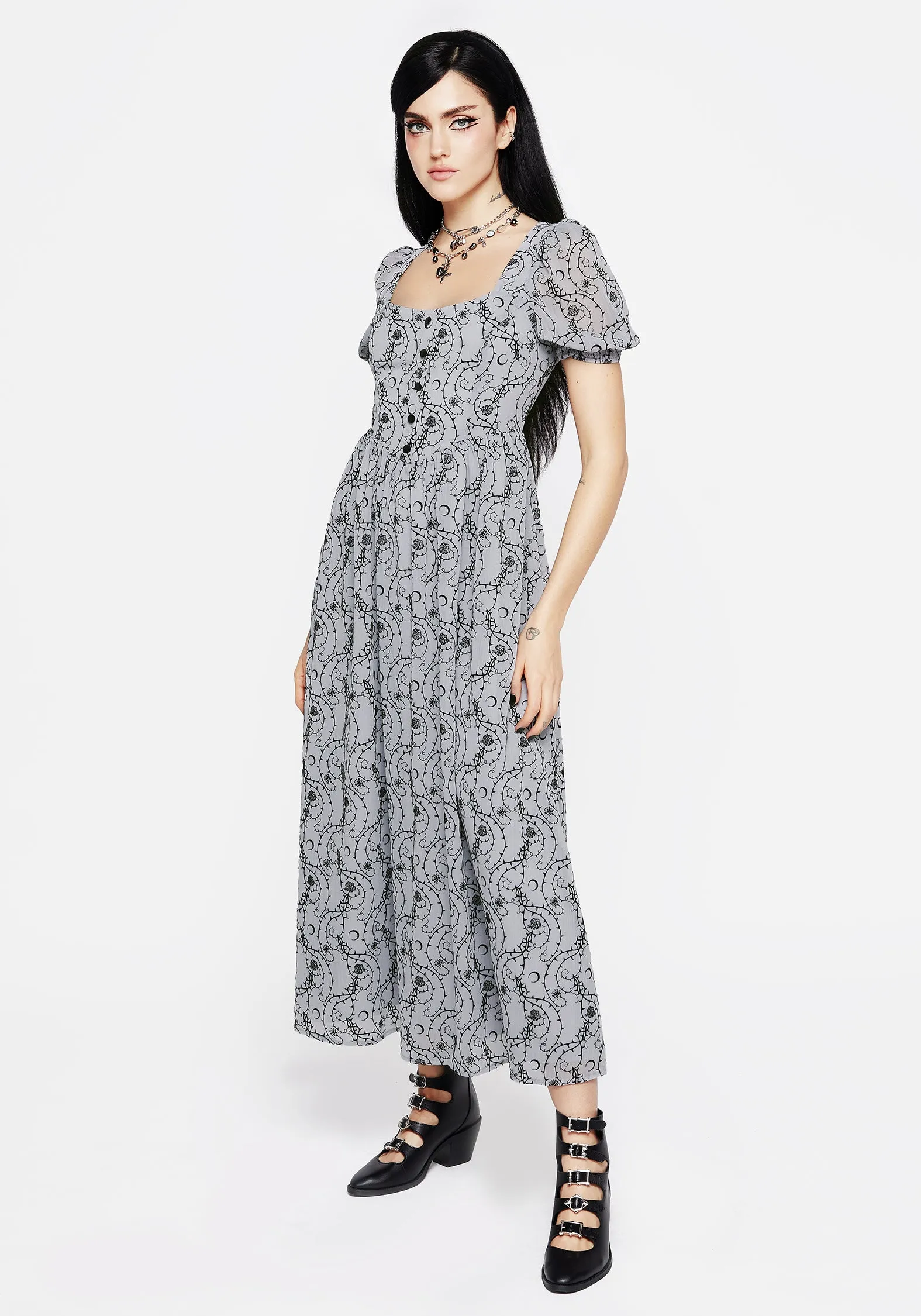 Rosethorn Flocked Velour Puff Sleeve Midaxi Dress - Blue LightweightMaterial Subtle Glam
