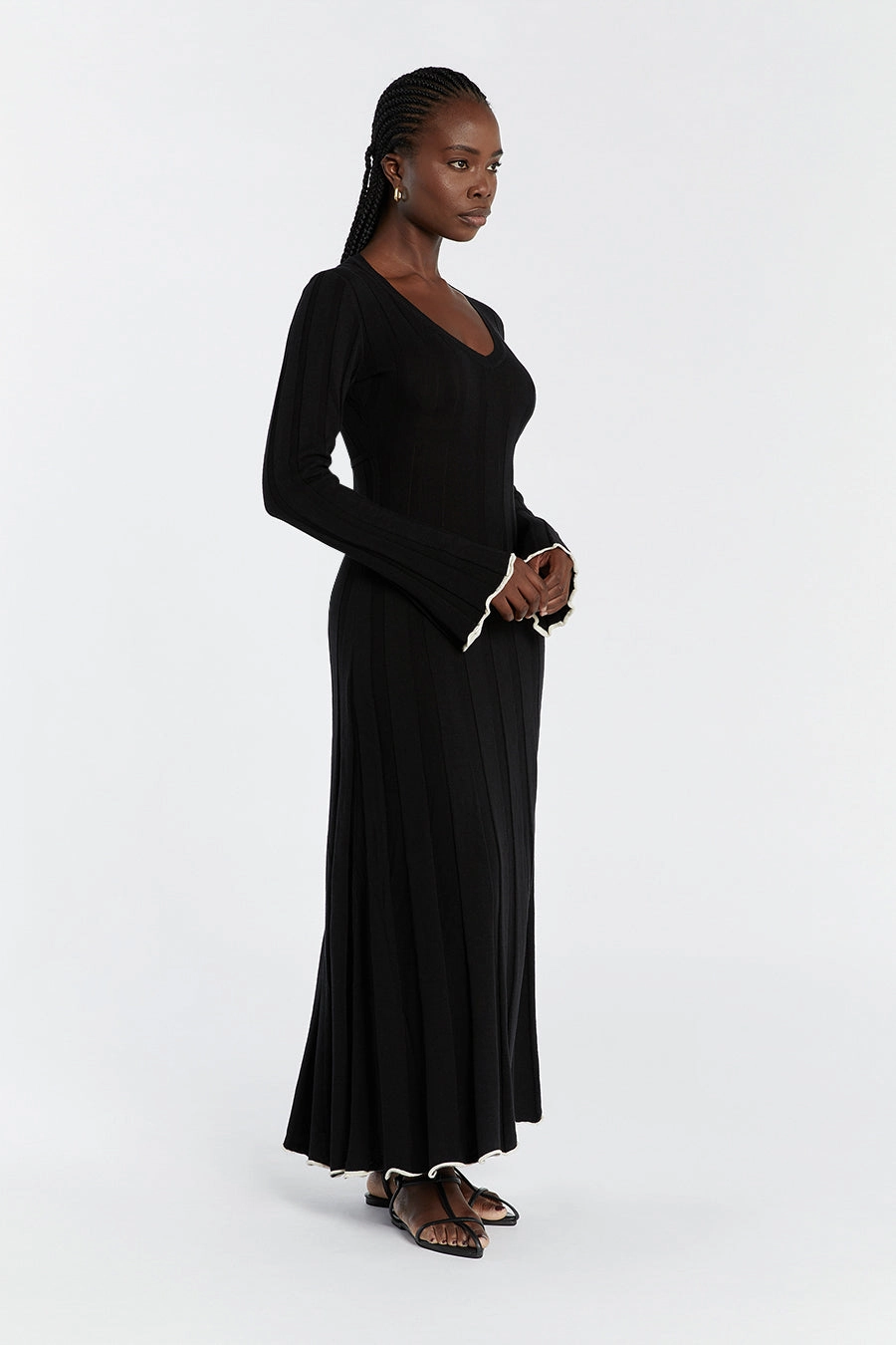 FLORA BLACK V NECK KNIT MIDI DRESS cut out