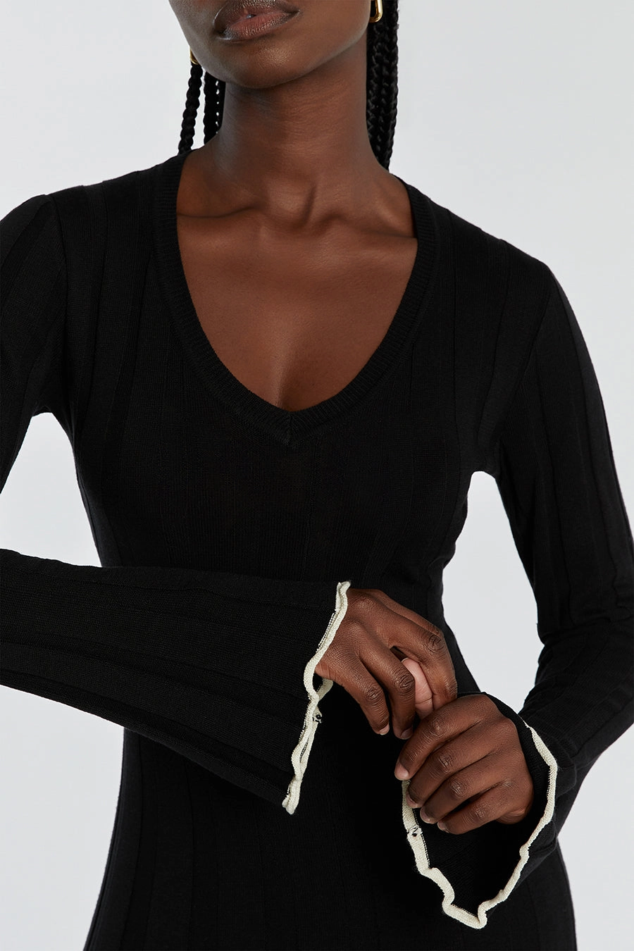 Front Detail Work Fitwear FLORA BLACK V NECK KNIT MIDI DRESS