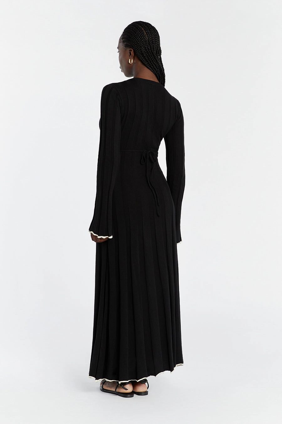 FLORA BLACK V NECK KNIT MIDI DRESS Stud-Detail