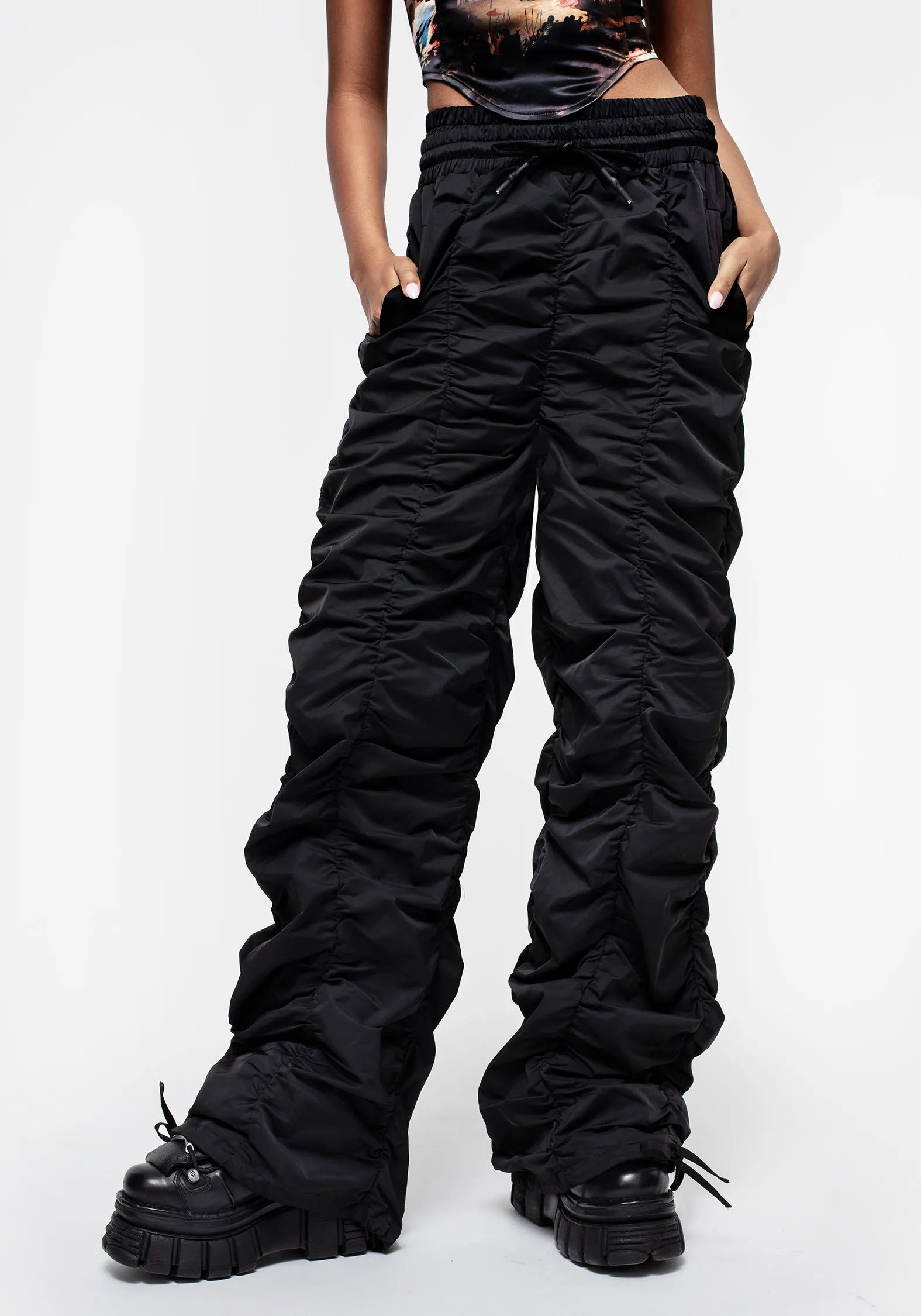 Shockwork Ruched Wide Leg Trousers Metallic accents Easy Wear