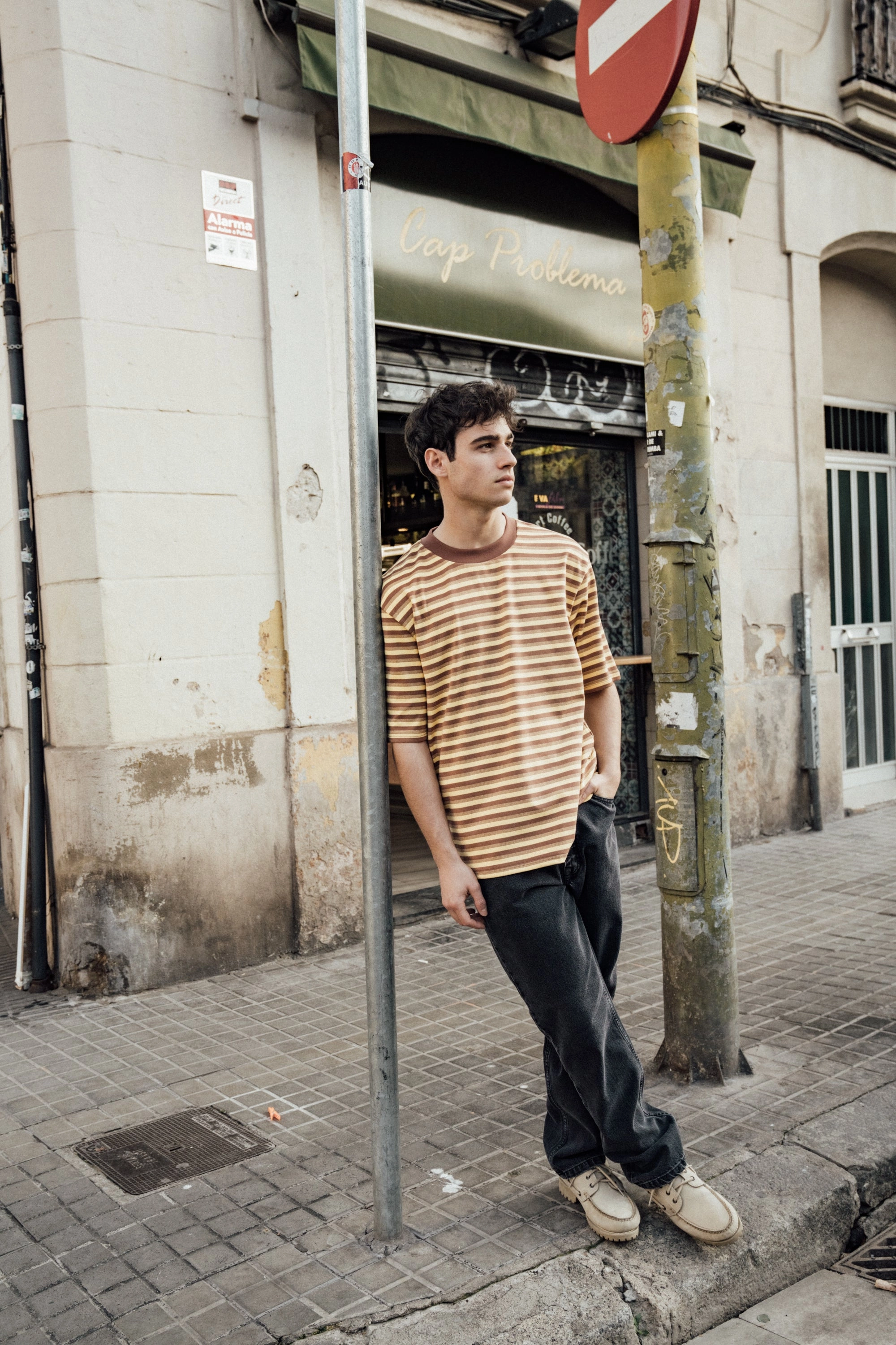 bound Peached Stripe Tee - Brown & Yellow Lace trim Zip Up