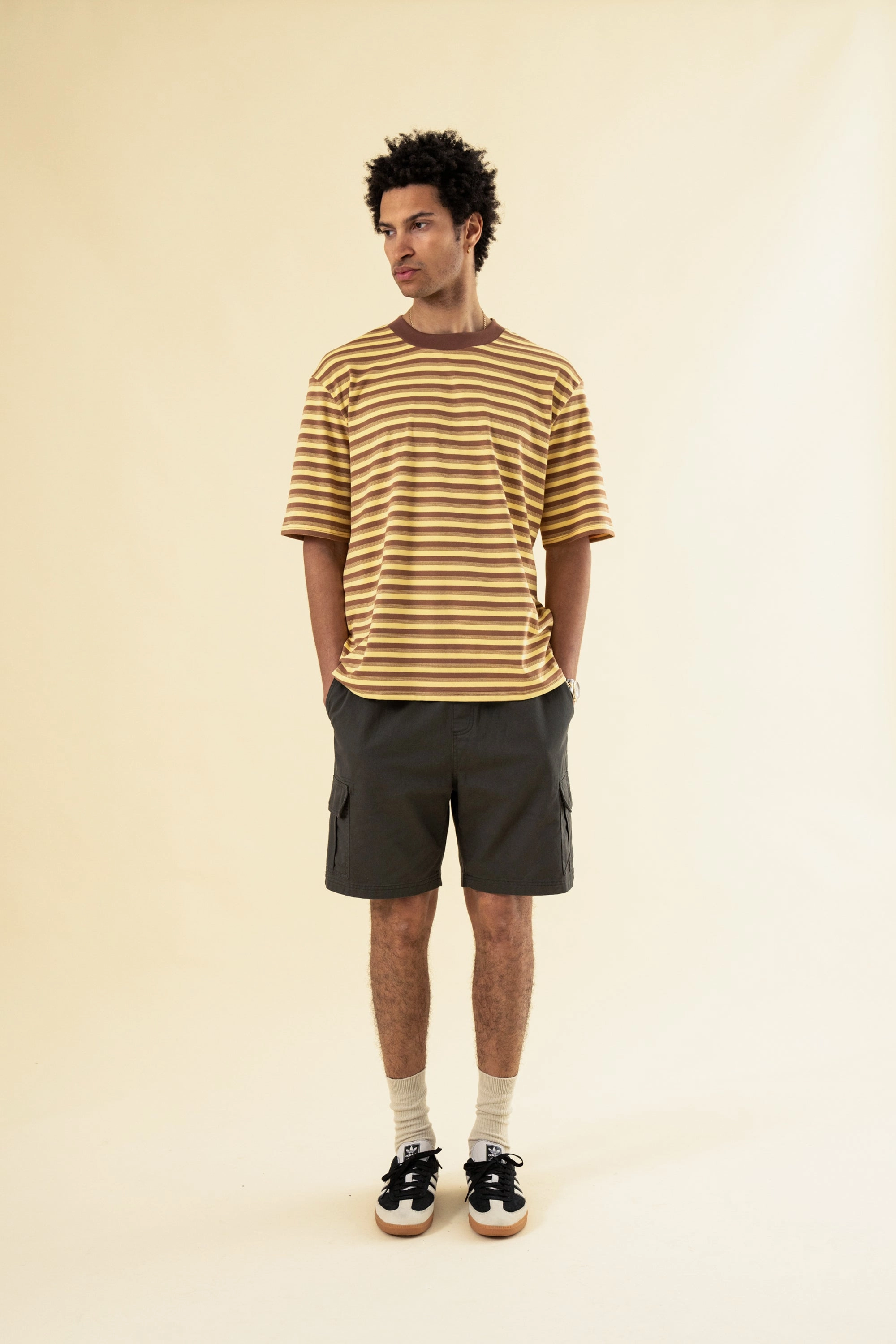 bound Peached Stripe Tee - Brown & Yellow Taped Neckline Essential Top