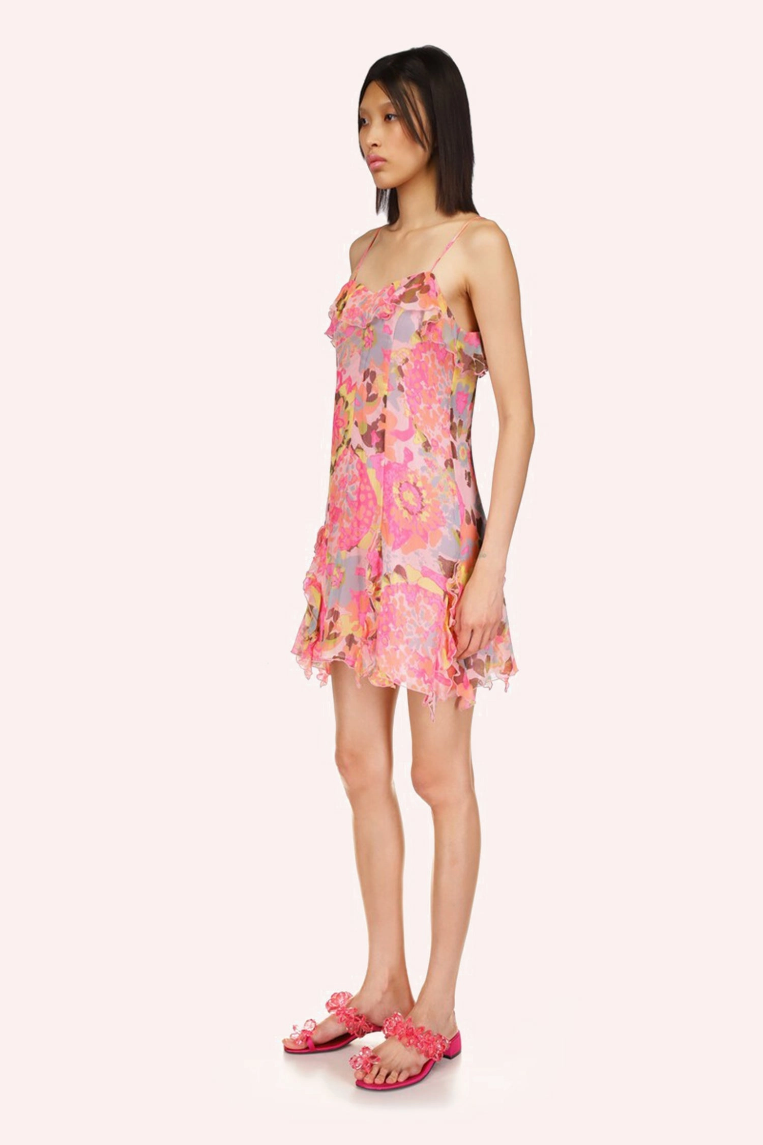 Chilly Day Layers Dahlias Crinkle Chiffon Ruffle Mini Dress