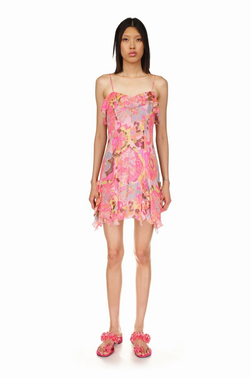 Dahlias Crinkle Chiffon Ruffle Mini Dress Bold Patterns