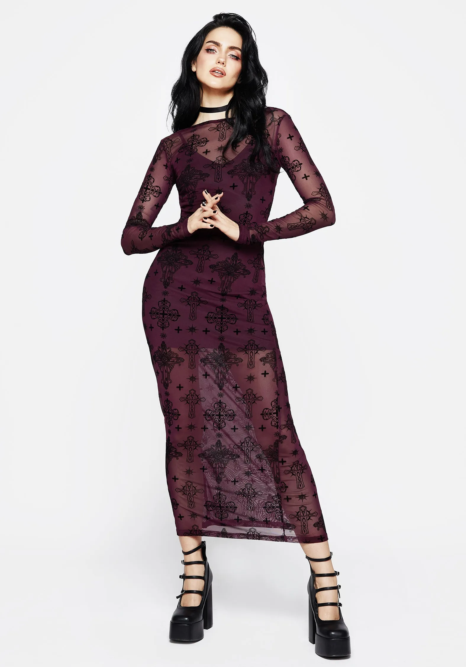 Priestess Flocked Mesh Maxi Dress - Purple Mesh-Sleeve Smooth Surface